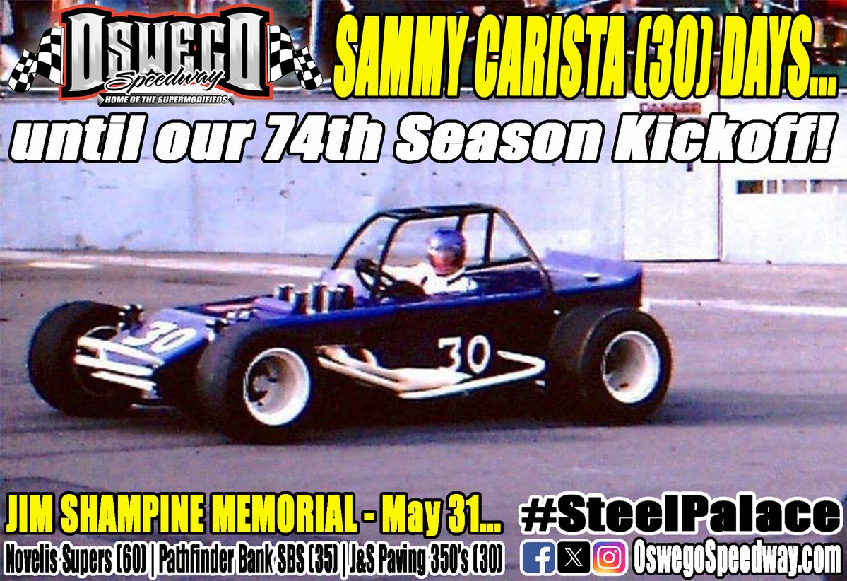 Oswego Speedway (@oswegospeedway) on Twitter photo Sammy Carista (30) days until our 74th Season Kickoff headlined by the 60-lap Jim Shampine Memorial for <a href="/Novelis/">Novelis Inc.</a> Supermodifieds on Saturday, May 31!
#SteelPalace | #Supermodifieds Sammy Carista (30) days until our 74th Season Kickoff headlined by the 60-lap Jim Shampine Memorial for <a href="/Novelis/">Novelis Inc.</a> Supermodifieds on Saturday, May 31!
#SteelPalace | #Supermodifieds