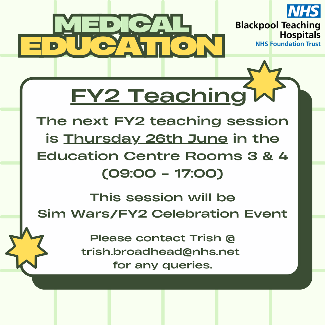 ‼️FY2 Doctors ‼️

Your next teaching session will be Thursday 26th June. Please arrive at the Education Centre by 8:45am ⏰

Please refer to our room bookings screen in the Education Centre for any room changes on the day.