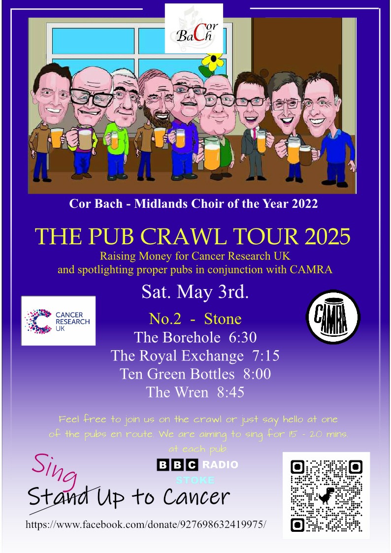 Cor Bach (@bach_cor) on Twitter photo £2k raised for Cancer Research UK on Pub Crawl No.1! Now for No.2 <a href="/LeeBlakeman/">Lee Blakeman</a> <a href="/Matt_Lee_MPL/">Matt Lee</a> ! Thank you to the Stone pubs hosting us on Sat May 3rd! <a href="/Lymestoneales/">Lymestone Brewery</a> The Borehole, <a href="/TitanicBrewers/">Titanic Brewery</a> Royal Exchange, #TenGreenBottles #TheWren. We hope that you can join us! £2k raised for Cancer Research UK on Pub Crawl No.1! Now for No.2 <a href="/LeeBlakeman/">Lee Blakeman</a> <a href="/Matt_Lee_MPL/">Matt Lee</a> ! Thank you to the Stone pubs hosting us on Sat May 3rd! <a href="/Lymestoneales/">Lymestone Brewery</a> The Borehole, <a href="/TitanicBrewers/">Titanic Brewery</a> Royal Exchange, #TenGreenBottles #TheWren. We hope that you can join us!