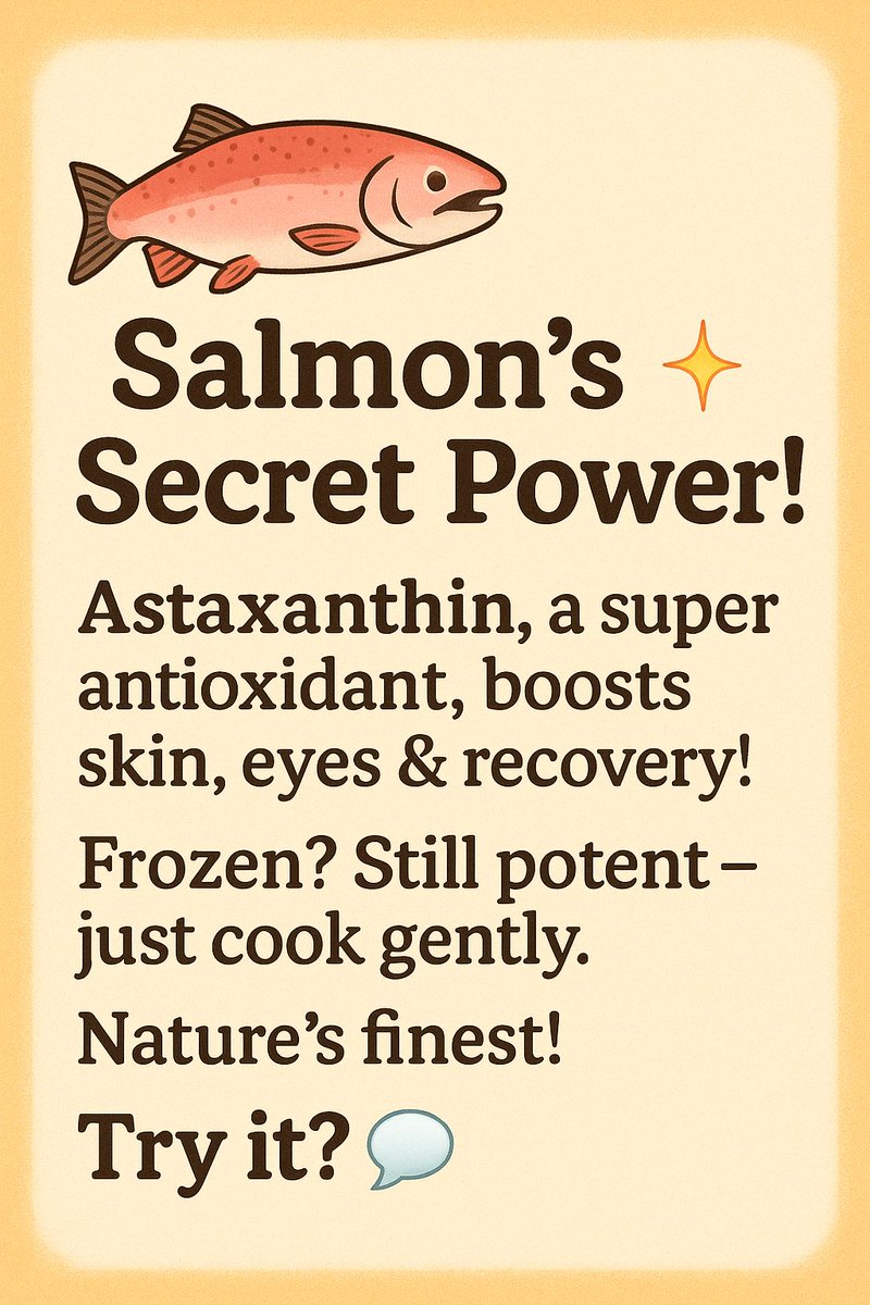 DrWissmann's tweet photo. 🐟 „Salmon’s Secret Power!„ ✨ Astaxanthin, a super antioxidant, boosts skin, eyes &amp; recovery! Frozen? Still potent – just cook gently. Nature’s finest! Try it? 💬  
#Astaxanthin #WildSalmon #Antioxidant #HealthyFats #Superfood https://t.co/d4AkgIeKLe