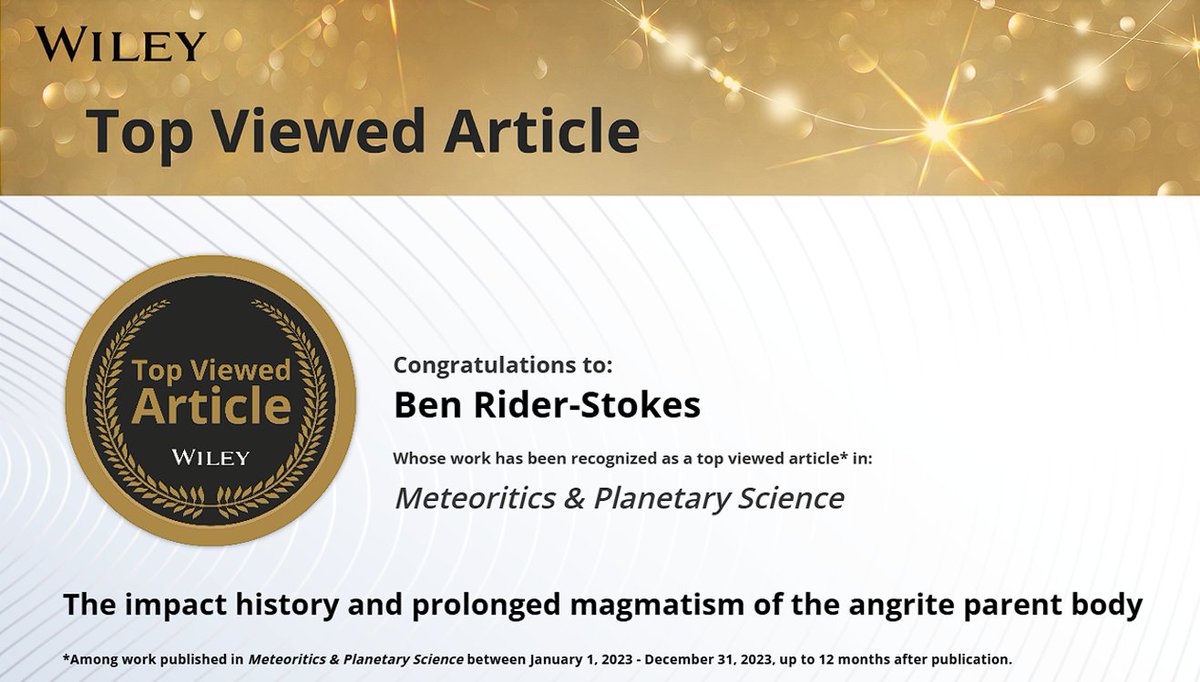 What a lovely way to start the day! My article received enough views to be a Top Viewed Article in Meteoritics and Planetary Science!

 Read it here:
onlinelibrary.wiley.com/doi/full/10.11…  #TopViewedArticle <a href="/wileyinresearch/">Wiley in research</a> <a href="/MeteoriticsPS/">Meteoritics & Planetary Science</a>