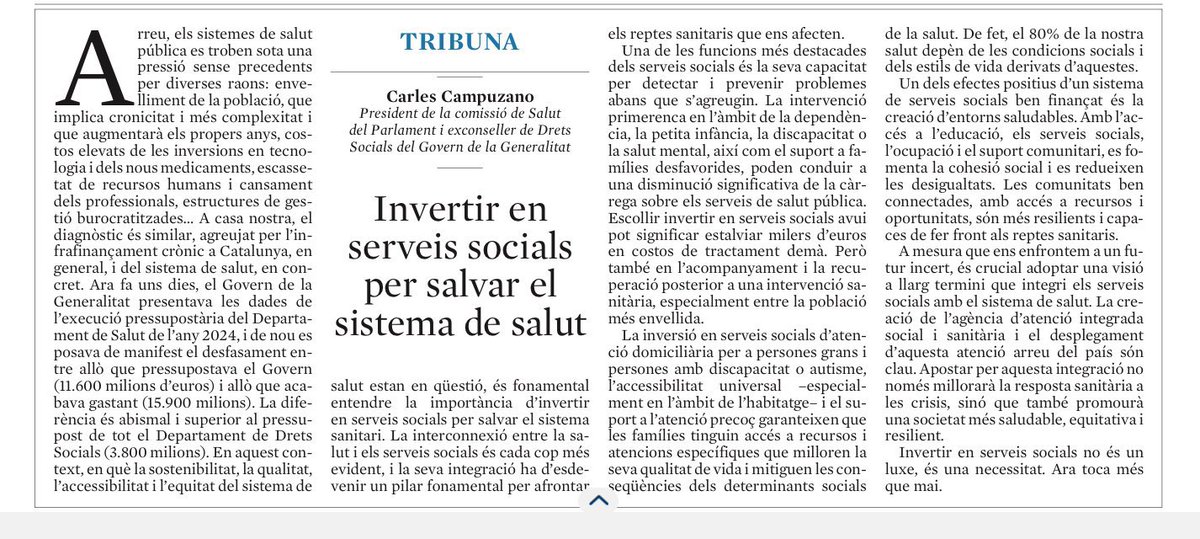 carles campuzano (@carlescampuzano) on Twitter photo Avui a <a href="/LaVanguardia/">La Vanguardia</a> escric sobre la necessitat d’incrementar les inversions en serveis socials,també, per a salvar el sistema de salut. Avui a <a href="/LaVanguardia/">La Vanguardia</a> escric sobre la necessitat d’incrementar les inversions en serveis socials,també, per a salvar el sistema de salut.
