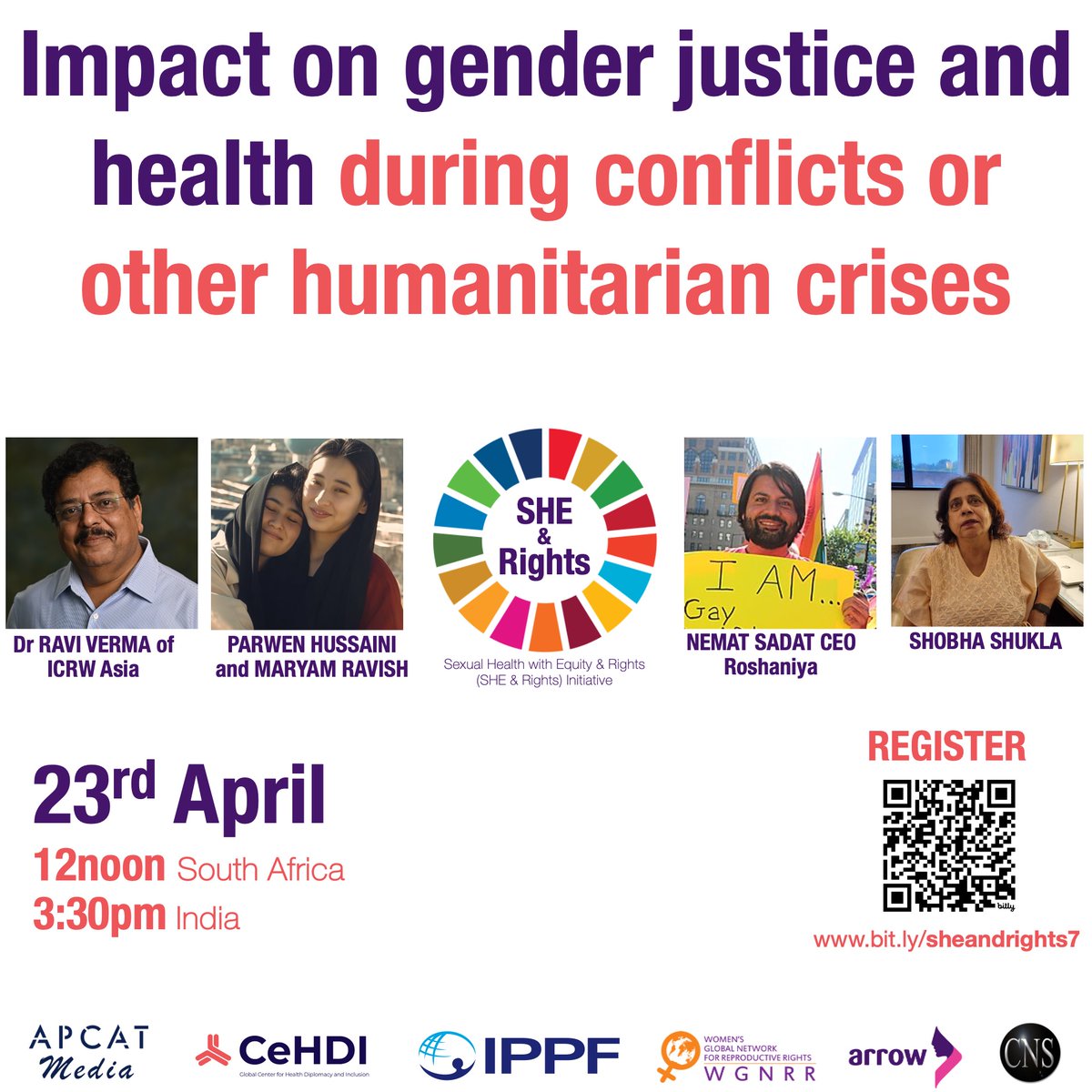 Gender Equality Talks Live (@getalkslive) on Twitter photo 🟣 Impact on #GenderJustice & #Health during conflicts or other crises
👉Register bit.ly/sheandrights7
★Speakers
☆Parwen, #Afghanistan who is at risk of execution along with her lesbian lover
☆<a href="/NematSadat/">Nemat Sadat</a> of <a href="/RoshaniyaLGBT/">Roshaniya</a>
☆<a href="/ravi_rverma/">Ravi K Verma</a> of <a href="/ICRWAsia/">ICRW Asia</a>
☆<a href="/shobha1shukla/">Shobha Shukla</a> 🟣 Impact on #GenderJustice & #Health during conflicts or other crises
👉Register bit.ly/sheandrights7
★Speakers
☆Parwen, #Afghanistan who is at risk of execution along with her lesbian lover
☆<a href="/NematSadat/">Nemat Sadat</a> of <a href="/RoshaniyaLGBT/">Roshaniya</a>
☆<a href="/ravi_rverma/">Ravi K Verma</a> of <a href="/ICRWAsia/">ICRW Asia</a>
☆<a href="/shobha1shukla/">Shobha Shukla</a>