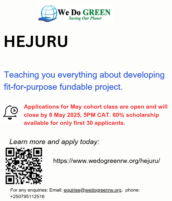 ⏰Excited to open for our #secondcohort applications: 60%scholarship available for only first 30 applicants.
Deadline 8 May 2025.
LEEAR MORE &amp;APPLY TODAY: wedogreenrw.org/hejuru/

#youthmustbefunded #sustainablesolutions #bankability #fundableprojects #greenbusiness #jobsforyouth