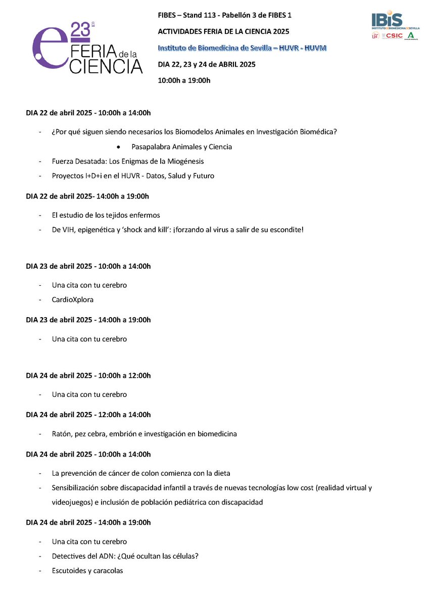 IBiS (@ibis_sevilla) on Twitter photo 🟣 IBiS con la sociedad |
Del 22 al 24 de abril el #IBiS estará presente en la 23ª <a href="/FeriaCiencia/">Feria de la Ciencia</a>
¡Visítanos en el stand 113 - Pabellón 3 de <a href="/fibesevilla/">Fibes Sevilla</a>!
Consulta nuestra programación de actividades ⬇️ 🟣 IBiS con la sociedad |
Del 22 al 24 de abril el #IBiS estará presente en la 23ª <a href="/FeriaCiencia/">Feria de la Ciencia</a>
¡Visítanos en el stand 113 - Pabellón 3 de <a href="/fibesevilla/">Fibes Sevilla</a>!
Consulta nuestra programación de actividades ⬇️