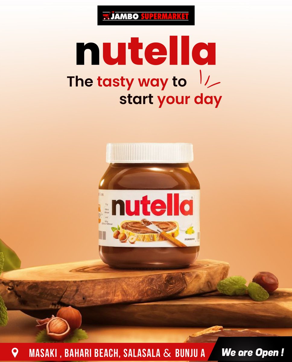OfficialJamboTz's tweet photo. Wake up to goodness 🌞 with a spoonful of Nutella joy 🍫
Now available at your favorite neighborhood stores—Jambo Supermarket!

📍 Masaki | Bahari Beach | Salasala | 
 #JamboSupermarketMagic #AnimeInRealLife #TanzaniaWithATwist #PeacefulPlaces #trending #aiart https://t.co/Xt0BESkVxn