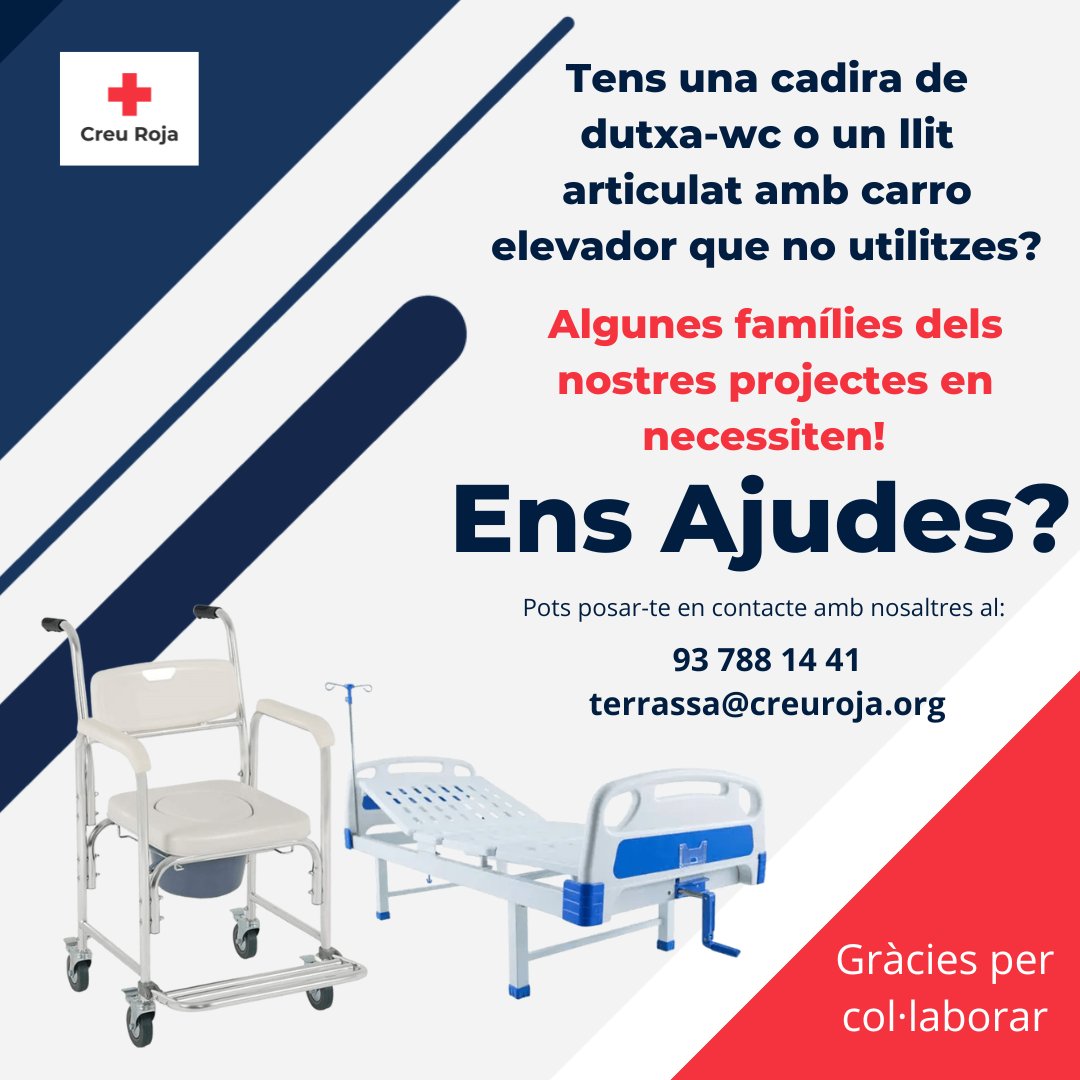 CreuRojaTRS's tweet photo. Si tens una cadira de dutxa-wc o un llit articulat amb carro elevador disponible i no en fas ús, nosaltres estem molt interessats doncs hi ha persones i famílies en situació de vulnerabilitat que en necessiten.
Ens ajudes?
Contacta amb nosaltres!
#ProductesdeSuport #SerMillors https://t.co/CnKJapDKAw