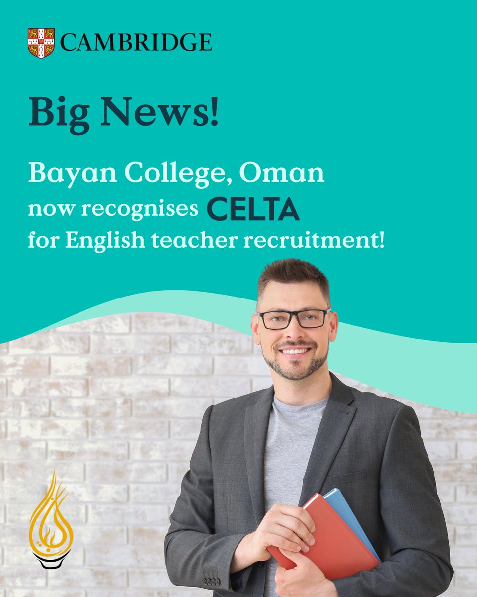 Cambridge English Middle East and Africa (@cambridgeengmea) on Twitter photo We’re thrilled to share some big news from Oman!
Bayan College now officially recognises CELTA from Cambridge as a qualification for English teacher recruitment.
<a href="/bayancollege/">Bayan College Muscat</a> We’re thrilled to share some big news from Oman!
Bayan College now officially recognises CELTA from Cambridge as a qualification for English teacher recruitment.
<a href="/bayancollege/">Bayan College Muscat</a>