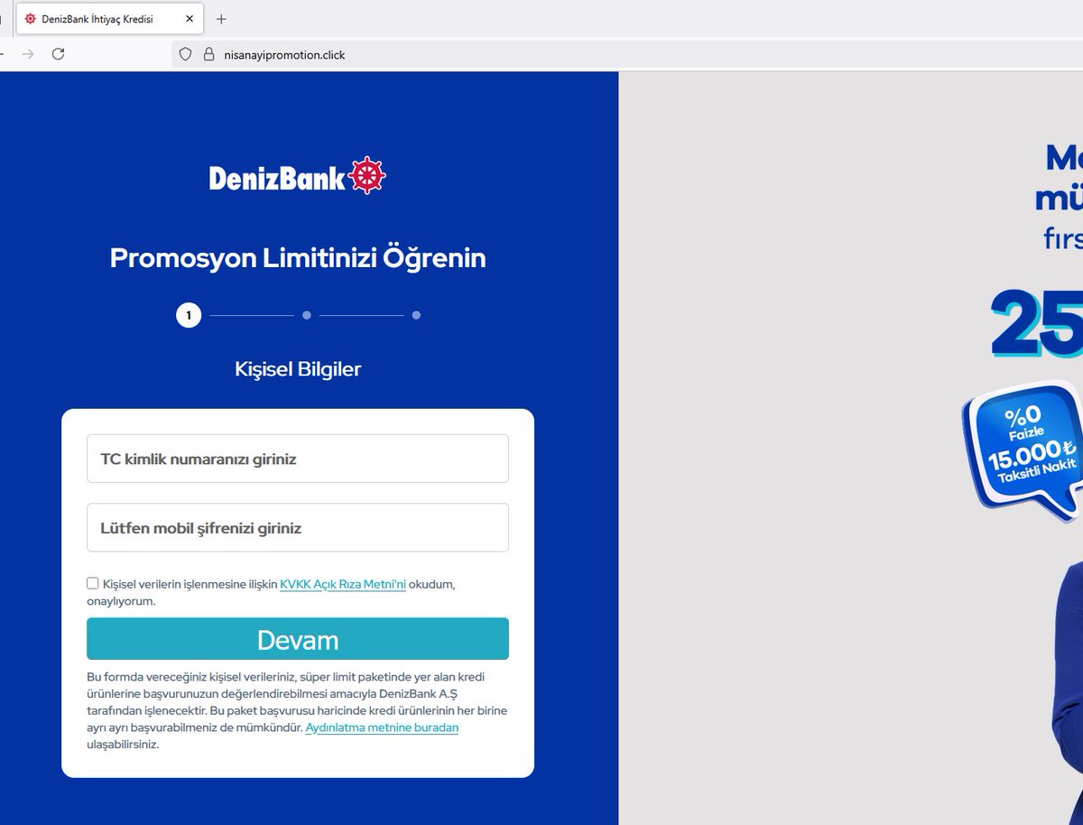 💢Potential Phishing URL: hxxps[://]nisanayipromotion[.]click/
📌Target Domain URL: hxxps[://]www[.]denizbank[.]com/
#phishing #denizbankphishing #turkeyphishing <a href="/urldna/">urlDNA.io</a> <a href="/urlscanio/">urlscan.io</a> <a href="/phishingalert/">Phishing Alert</a> <a href="/PhishStats/">Phish.Stats</a> <a href="/PhishFindR/">PhishFindR</a> <a href="/ULTRAFRAUD/">ULTRAFRAUD</a> <a href="/Sync_Pundit/">Sync_Pundit 👽😎🔱🔥</a> <a href="/CatcherPhishing/">Phishing Catcher</a> <a href="/tdatwja/">misaki</a>