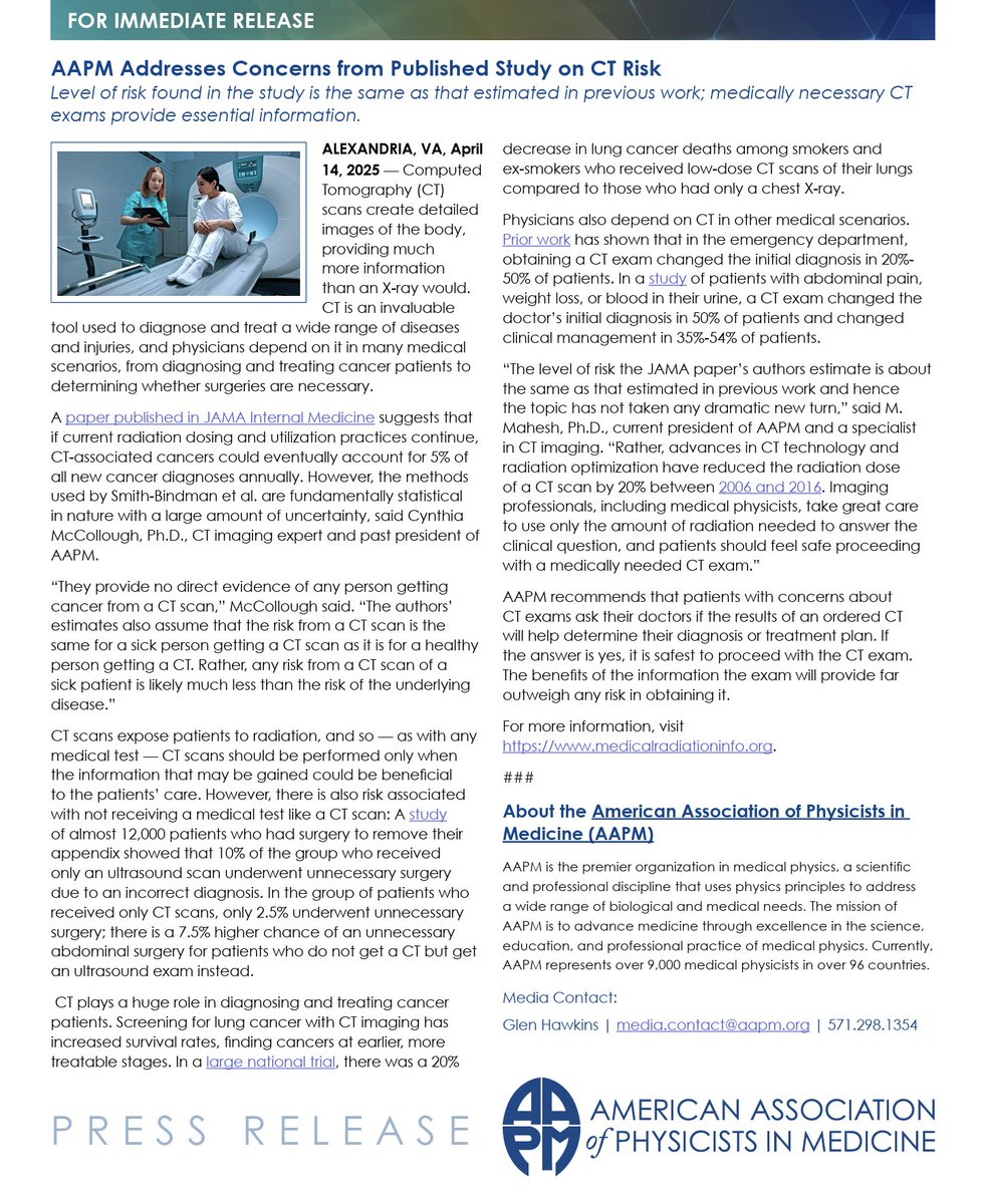 Press Release: AAPM Addresses Concerns from Published Study on CT Risk 
Level of risk found in the study is the same as that estimated in previous work; medically necessary CT exams provide essential information. 
Read the release: w3.aapm.org/media/releases…