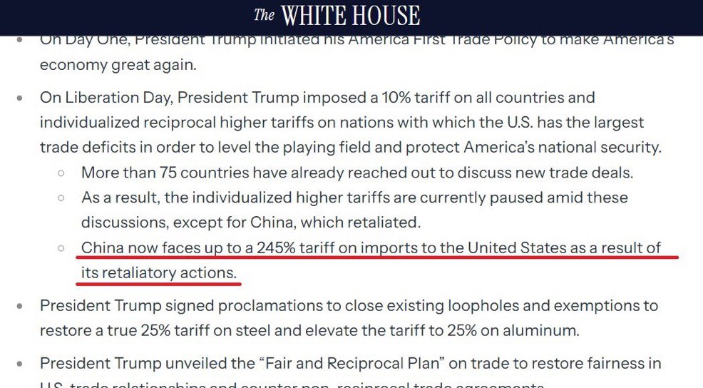 💥BREAKING

White House: China to face tariffs up to 245% in response to its retaliatory actions.

Things are heating up fast!