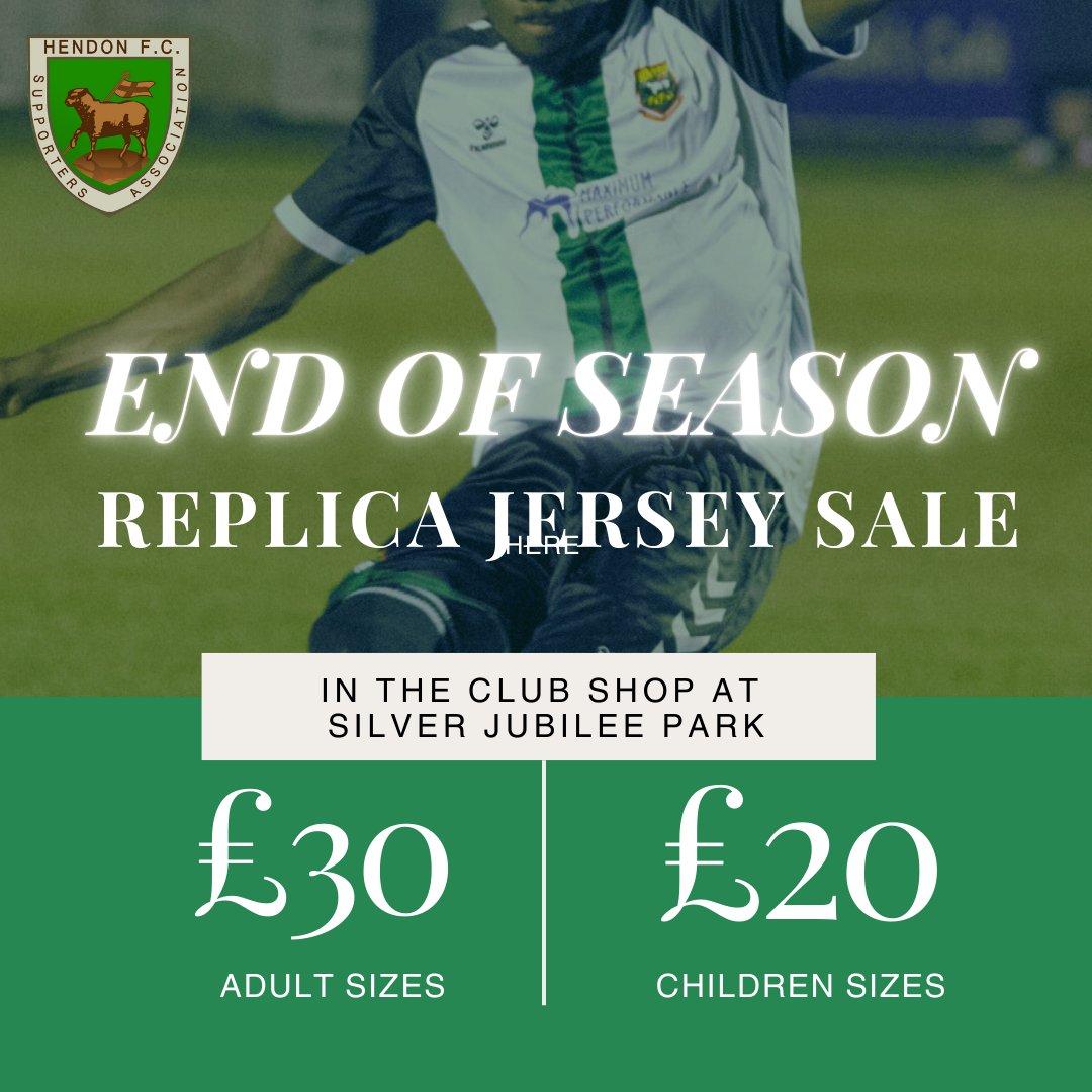 HendonFC's tweet photo. Replica Jersey Sale!
At Saturdays game at SJP, our club shop will be selling replica jerseys at a reduced price. Come along and pick up a bargain! https://t.co/ZKHH4up5oh