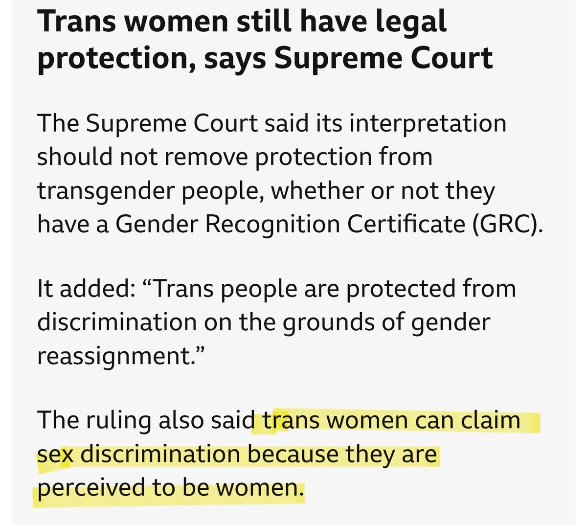 Today's ruling says this is NOT a win, and stated that nothing changes in protection of trans people.

Goes further to say that trans people are covered under sex discrimination of the gender they align with.

No laws or protections are changed by this ruling.