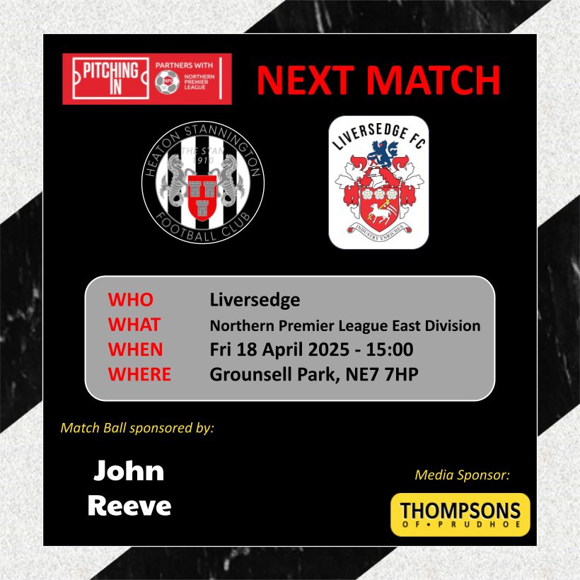 NEXT MATCH

Our penultimate home game takes place on Good Friday… can we make it a Great Friday with three points? Your support is vital!

🎟️ heatonstan.co.uk/tickets