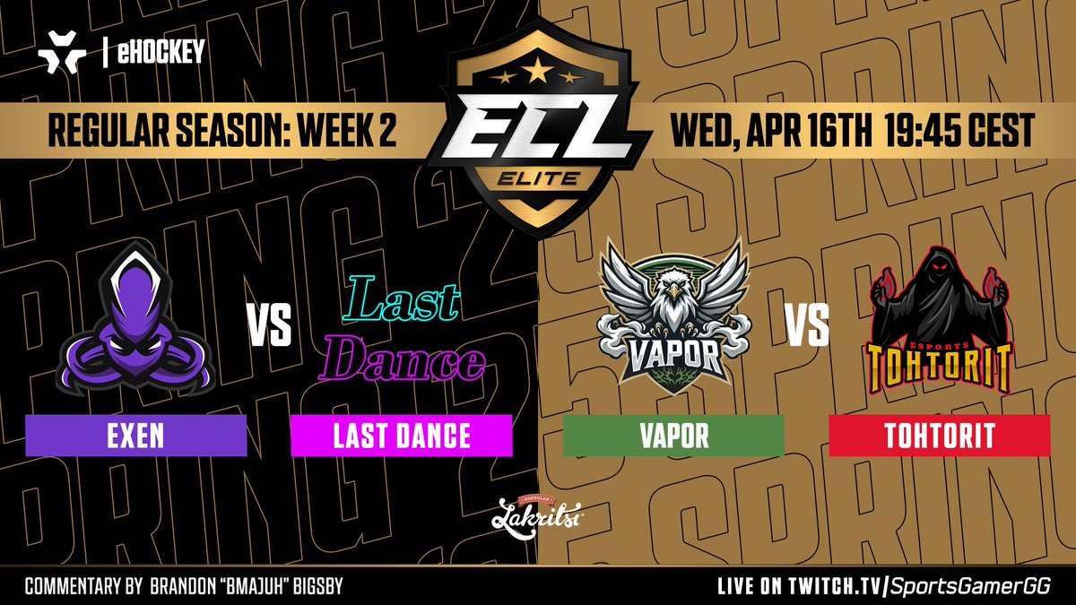 🔥 We have another hot #ECL25Spring Elite broadcast for you tonight!

📺 Watch LIVE twitch.tv/SportsGamerGG
⏰ 19:45 CEST | Wednesday, April 16th

🐙 <a href="/ExenEsports/">EXEN</a> vs <a href="/LastDanceNHL/">Last Dance</a> 🪩
🦅 Vapor vs <a href="/tohtoritesports/">Tohtorit 🧙🏽‍♂️</a> 🩺
🎙️ <a href="/bMaJuH/">MaJuH 🎥</a> 

#eHockey | #NHL25 | #KouvolanLakritsi
