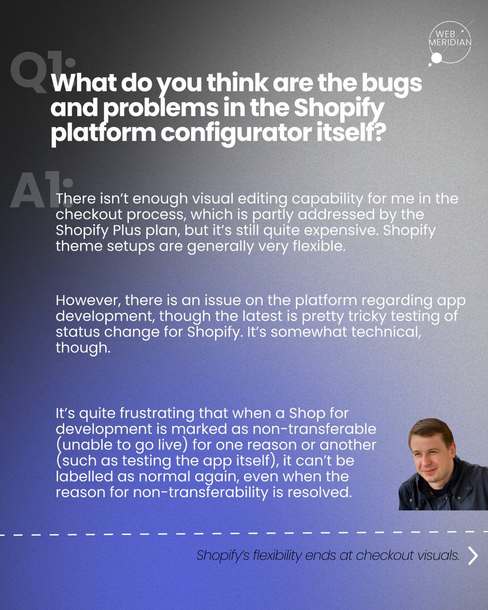 Web_Meridian's tweet photo. We asked our Senior Shopify Developer, Oleg, to answer 3 crucial questions every Shopify store owner should know. 💡 From performance to pitfalls—he breaks it down and offers real solutions.
Want tailored help? Reach out to us at info@webmeridian.net https://t.co/ADGNjsAYQO