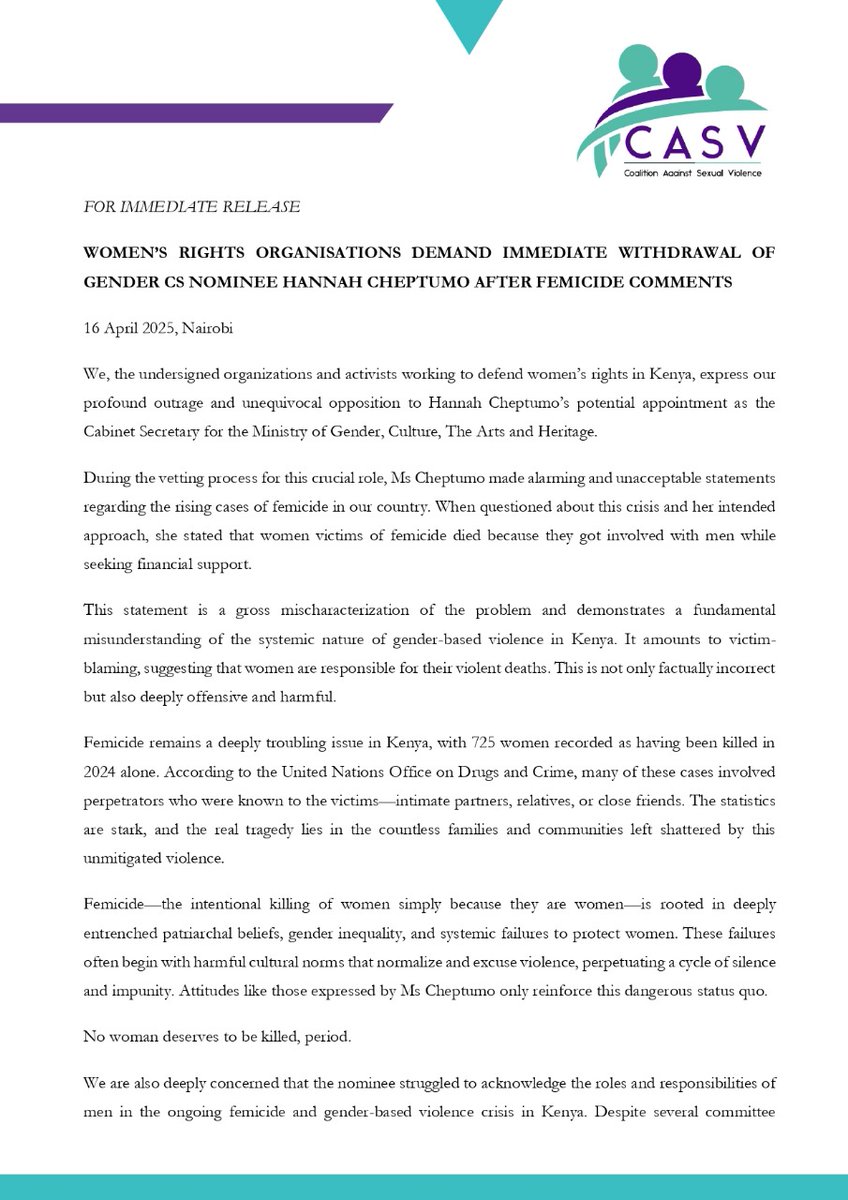 CoalitionAgSV's tweet photo. For Immediate Release:
We, the organizations and activists working to defend women’s rights in Kenya strongly oppose the potential appointment of Hannah Cheptumo as Cabinet Secretary for Gender, Culture, The Arts and Heritage
#JusticeNotJustification https://t.co/S3MRDtliKw