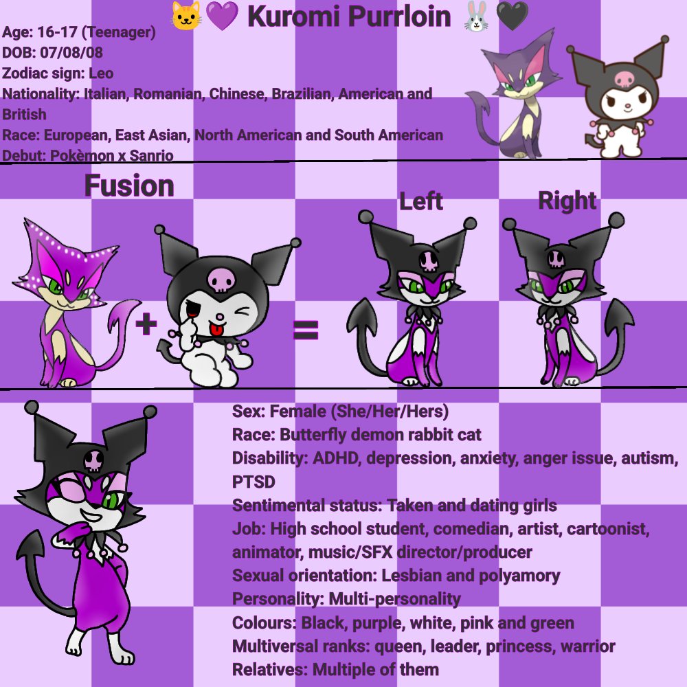 ScenieCabbie's tweet photo. Kuromi Purrloin ref. sheet 🐱😈🦋🐰♣️♦️♠️🃏💀
#KuromiPurrloin #Kuromi #Purrloin #CharacterFusion #FreeToUse #DigitalArt #CrossoverArt #Pokèmon #Sanrio #AU #PurrloinVerse #IbisPaintX #RefSheet #Persona #OC #Sona #Roleplay #2Pages #JapaneseArt #Anime #Cartoon #Fusion #Cosplay #Art https://t.co/QIlohJQnsO