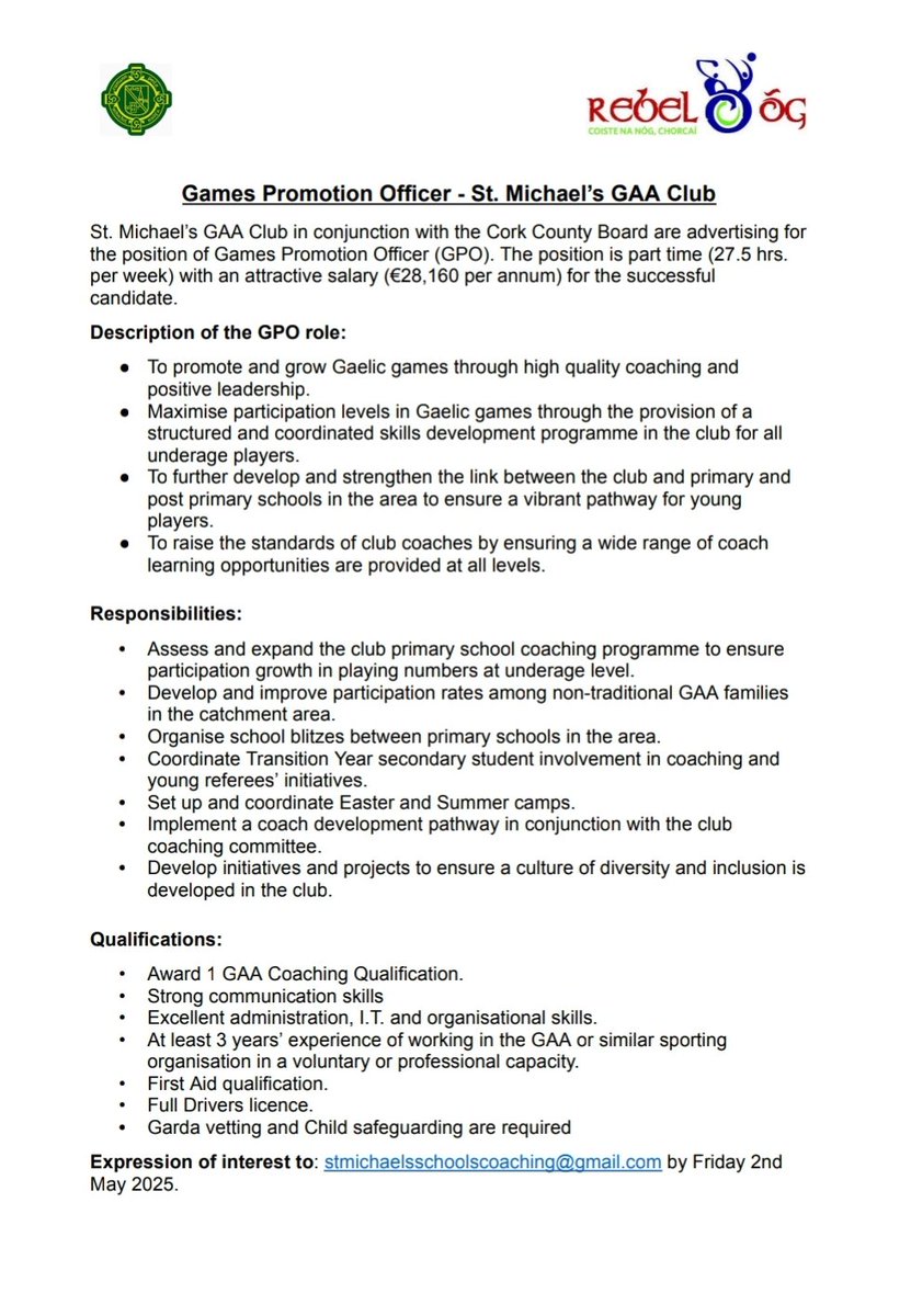 StMichaelsCork's tweet photo. 🔰Job Opportunity🔰

St Michaels GAA Club, in conjunction with the Cork County Board, is hiring for the role of Games Promotion Officer. Details attached. 

Applications to: 
stmichaelsschoolscoaching@gmail.com by Friday 2nd May 2025. https://t.co/di6efzBPX6