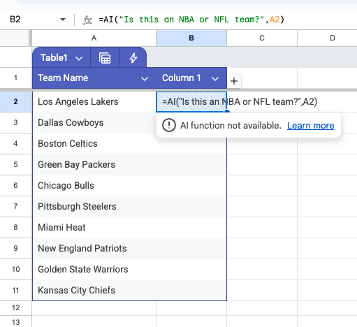 thealexbanks's tweet photo. When will the "=AI" function be available to UK Google Workspace teams @GeminiApp @Google? https://t.co/O1QHrQVGPn