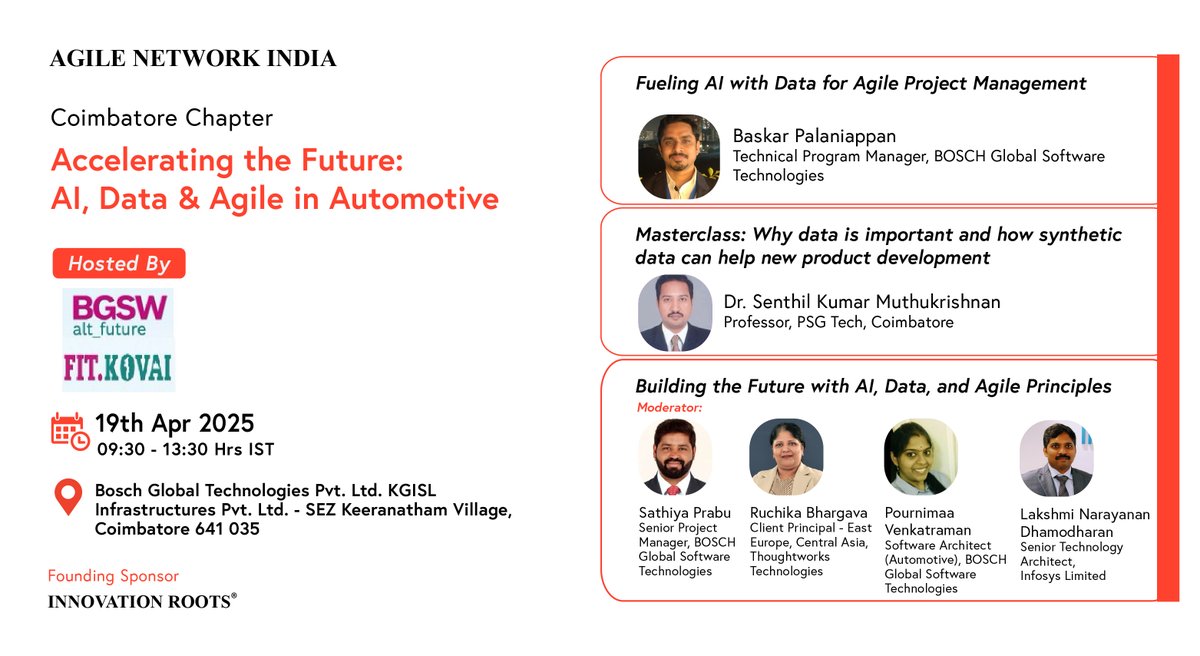AgileNetwork_in's tweet image. Agile Network India Community #CoimbatoreChapter | #AprilEvent

Agenda Live!

Date: 19th April, 2025 (Saturday)

Time: 09:30am to 1:30pm

Hosted By: Bosch, #Coimbatore

Join us: agilecommunity.org/event-details/… (Free to participate)
