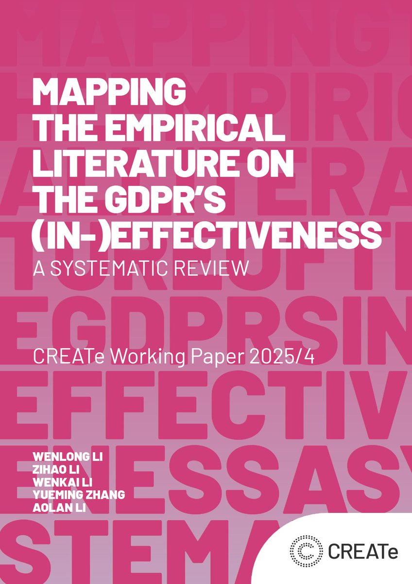 🚨 New CREATe Working Paper on the GDPR 🚨
‘Mapping the Empirical Literature of the GDPR’s (In-)Effectiveness’
By <a href="/wlladragon/">𝚆𝚎𝚗𝚕𝚘𝚗𝚐 𝙻𝚒</a> (Wenlong Li), <a href="/Dr_ZihaoLi/">Zihao Li</a>, <a href="/WenkaiLi8/">Wenkai Li</a> , Yueming Zhang &amp; Aolan Li

This pre-print (forthcoming in Computer Law and Security Review) offers a sweeping