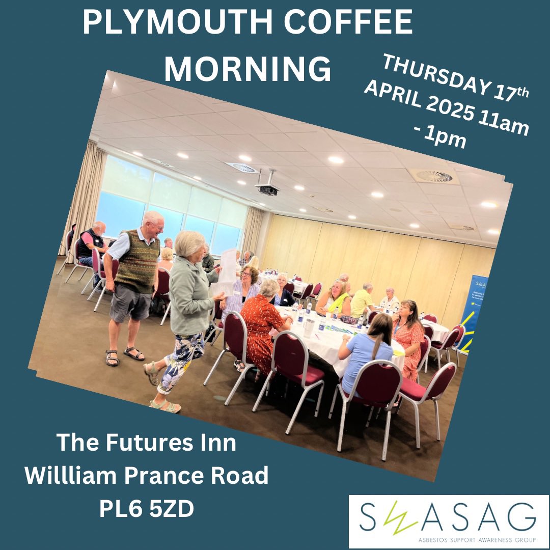 Looking forward to our next coffee morning in Plymouth tomorrow. A place to meet others affected by an asbestos related illness #charity #asbestos #mesothelioma #support