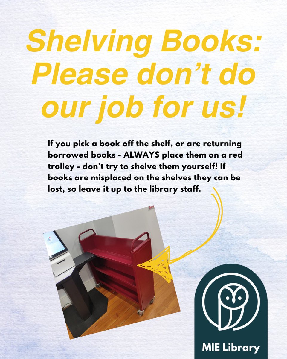 Shelving Books: Please don't do our job for us!📔

If you pick a book off the shelf, or are returning borrowed books - ALWAYS place them on a red trolley - don’t try to shelve them yourself! If books are misplaced on the shelves they can be lost, so leave t to the library staff.