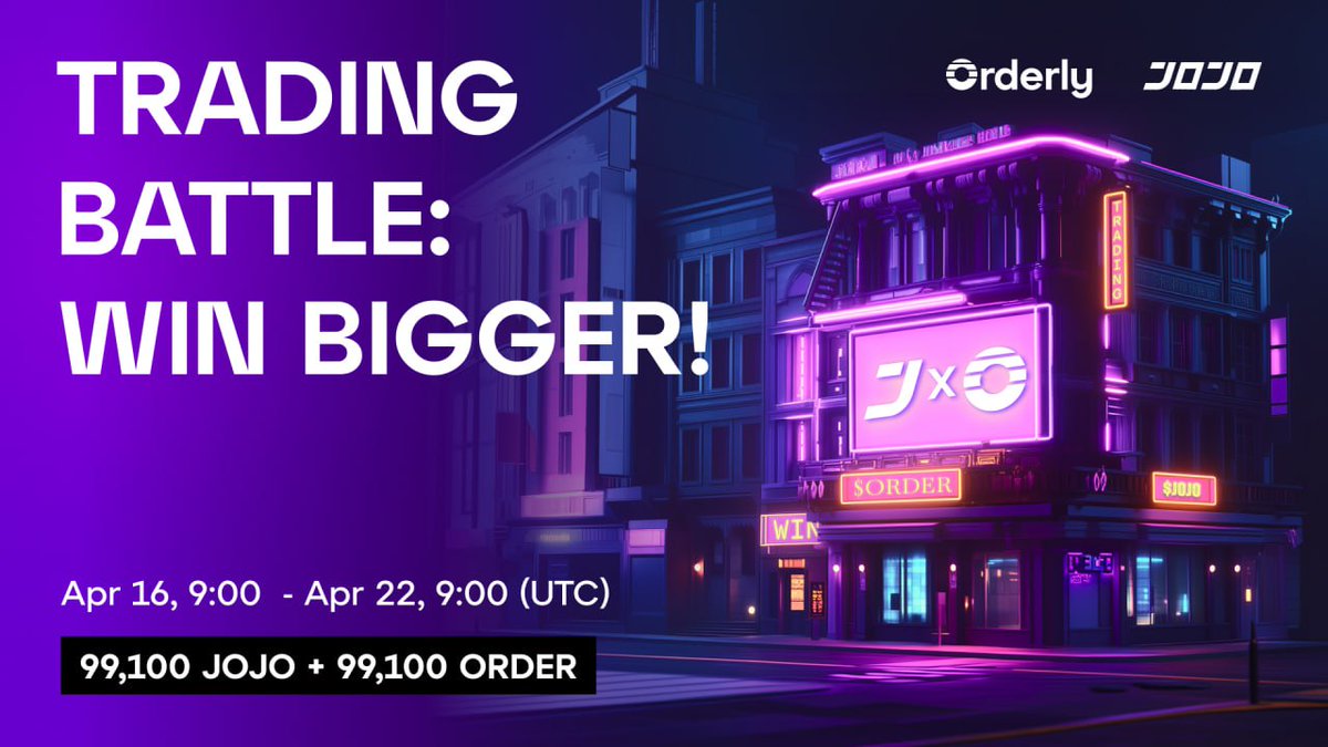 Orderly (@orderlynetwork) on Twitter photo Win your share of 99,100 $JOJO + 99,100 $ORDER 💜
<a href="/jojo_exchange/">JOJO Exchange</a> & Orderly are giving away massive rewards!
✔️ Top 50 traders get up to 87,900 tokens
✔️ New users earn bonuses for first trades
✔️ Post on X and win!
Rules 👉 orderly.network/blog/jojo-trad… Win your share of 99,100 $JOJO + 99,100 $ORDER 💜
<a href="/jojo_exchange/">JOJO Exchange</a> & Orderly are giving away massive rewards!
✔️ Top 50 traders get up to 87,900 tokens
✔️ New users earn bonuses for first trades
✔️ Post on X and win!
Rules 👉 orderly.network/blog/jojo-trad…