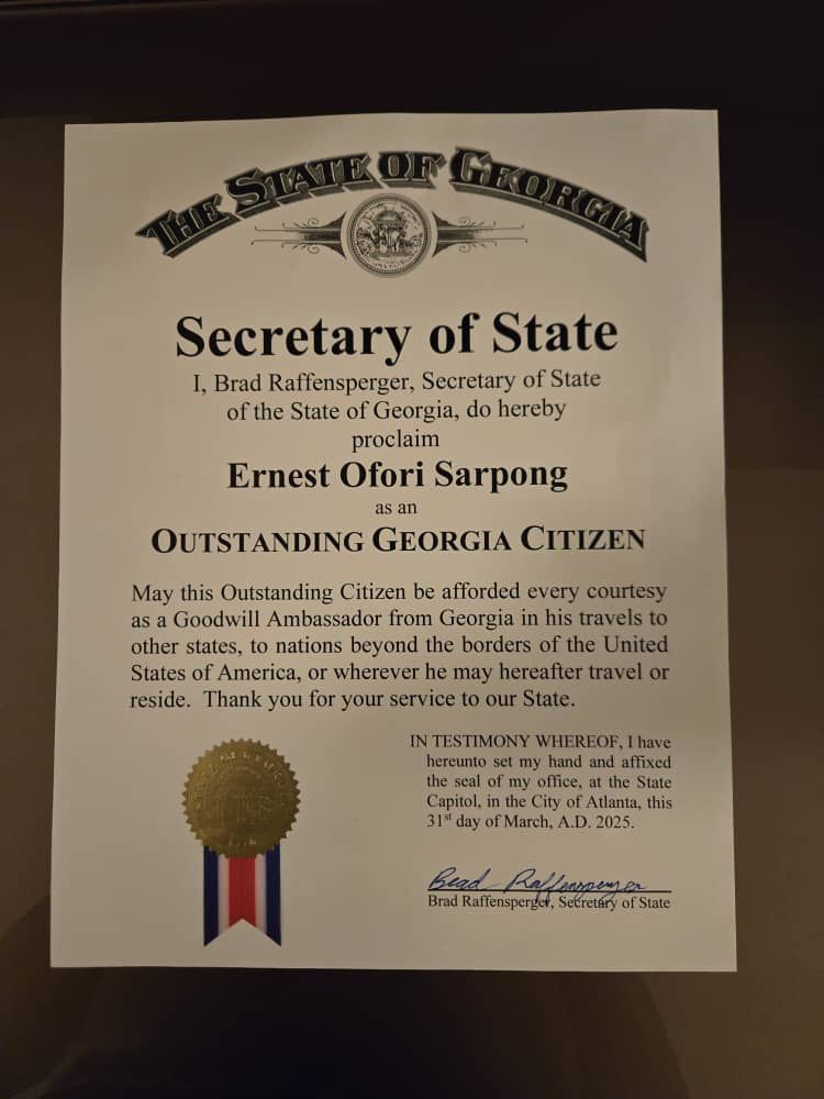In a celebration of visionary leadership, entrepreneurial excellence, &amp; international goodwill, Ɔdadeɛ Dr Ernest Ofori Sarpong, Ɔdadeɛ Global Prez &amp; business magnate, was on April 14, honoured with distinguished proclamation as an Outstanding Citizen of the State of Georgia, USA