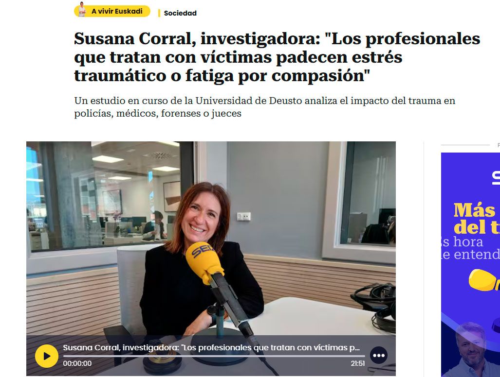 Deusto FamilyPsych (@deustofampsych) on Twitter photo 🎙 “Los profesionales que acompañan a víctimas pueden sufrir estrés traumático o fatiga por compasión.” Nuestra investigadora Susana Corral lo explica en <a href="/La_SER/">Cadena SER</a> Euskadi, junto a Ana E. Abasolo.
🔗 Escúchalo: bit.ly/4cwcsBq
#TraumaVicario #Psicologia
<a href="/DeustoResearch/">Deusto Research</a> 🎙 “Los profesionales que acompañan a víctimas pueden sufrir estrés traumático o fatiga por compasión.” Nuestra investigadora Susana Corral lo explica en <a href="/La_SER/">Cadena SER</a> Euskadi, junto a Ana E. Abasolo.
🔗 Escúchalo: bit.ly/4cwcsBq
#TraumaVicario #Psicologia
<a href="/DeustoResearch/">Deusto Research</a>