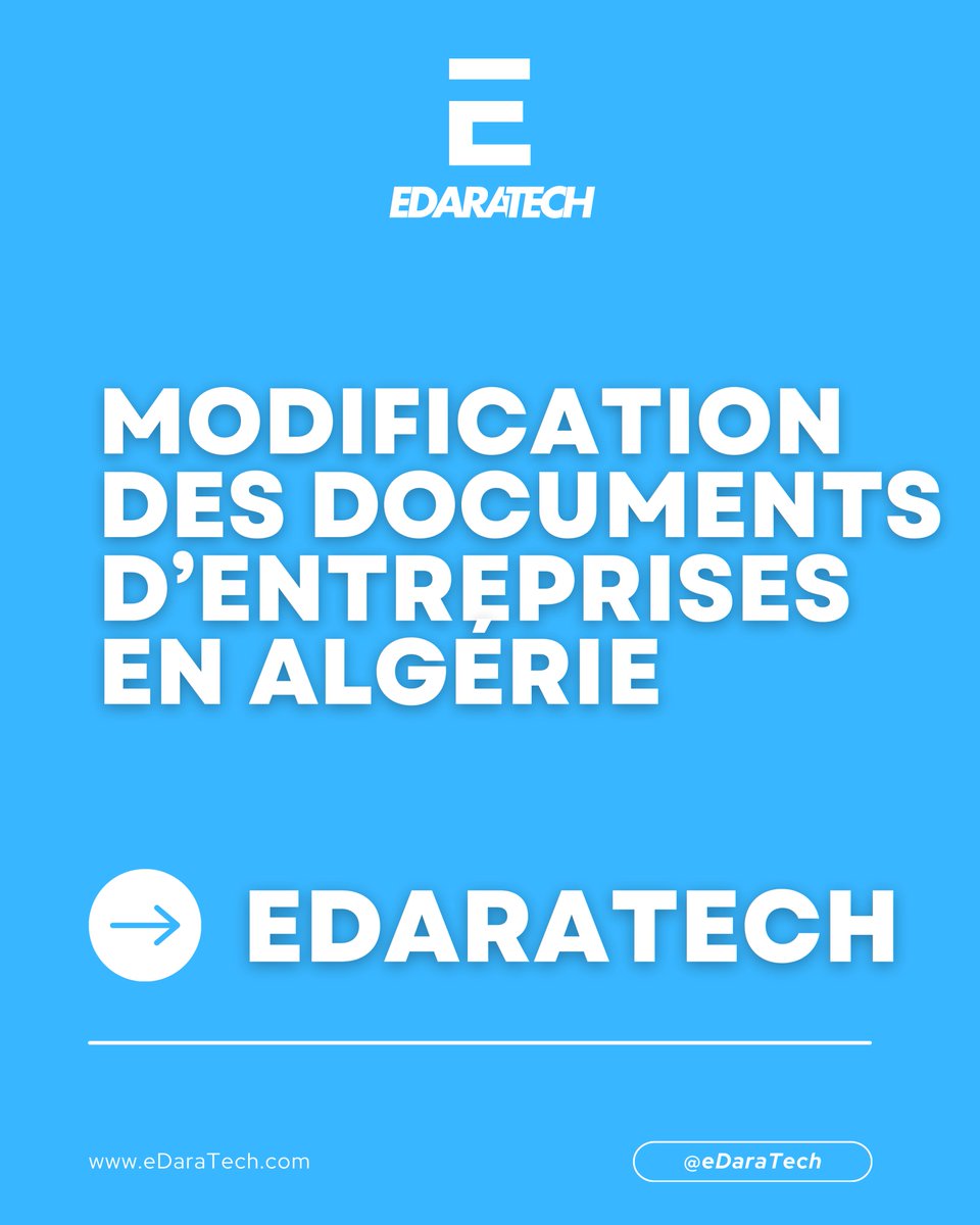 eDaraTech_com's tweet image. 🧐 Vous souhaitez modifier les documents de votre entreprise en #Algérie ?

🆘 Votre projet mérite un #accompagnement_administratif complet !

✅ Notre équipe chez #eDaraTech se charge des démarches auprès des administrations..