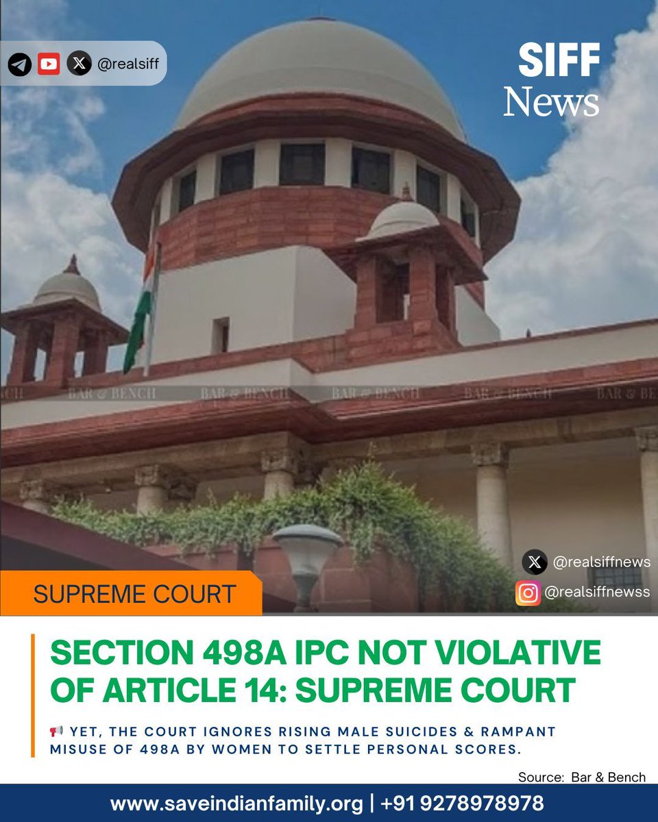 realsiffnews's tweet image. #SIFFNews | Section 498A IPC not violative of Article 14: SC

But what about men driven to suicide by false cases? 498A is the most misused law by women for personal vendettas.

#MenToo #LawReform #LawMisuse

Source: tinyurl.com/bdvx3dfy