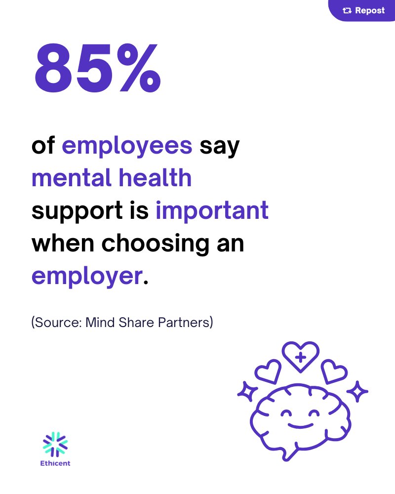 ethicentcom's tweet photo. 🧠 85% of employees say mental health support is a deciding factor when choosing an employer.

(Source: Mind Share Partners)

That number speaks volumes.

It says:
✅ “I want to be seen as a human, not just a hire.”
✅ “I won’t settle for burnout culture.”
✅ “Mental health isn’t a perk - it’s a priority.”

The best companies know this.

They’re not waiting for a crisis to act.

This isn’t a trend. It’s a wake-up call.

What people want is simple:

A workplace that protects their well-being as much as their performance.

The best companies are listening and responding.

They’re:

- Offering therapy, coaching, and mental health days as standard benefits

- Training leaders to recognize stress and respond with empathy

- Making room for open conversations, not just check-the-box policies

- Creating environments where asking for help is seen as a strength, not a weakness

Because when mental health is supported, everything improves:

📈 Retention
📈 Productivity
📈 Trust
📈 Culture

If your company hasn’t made this shift yet, the message to candidates is loud and clear:

You’re not in the right place.

Let’s raise the standard together.

What’s one real thing your company is doing to support mental health?

Share it below.

Someone might need that idea right now.

#MentalHealth #Leadership #WorkCulture