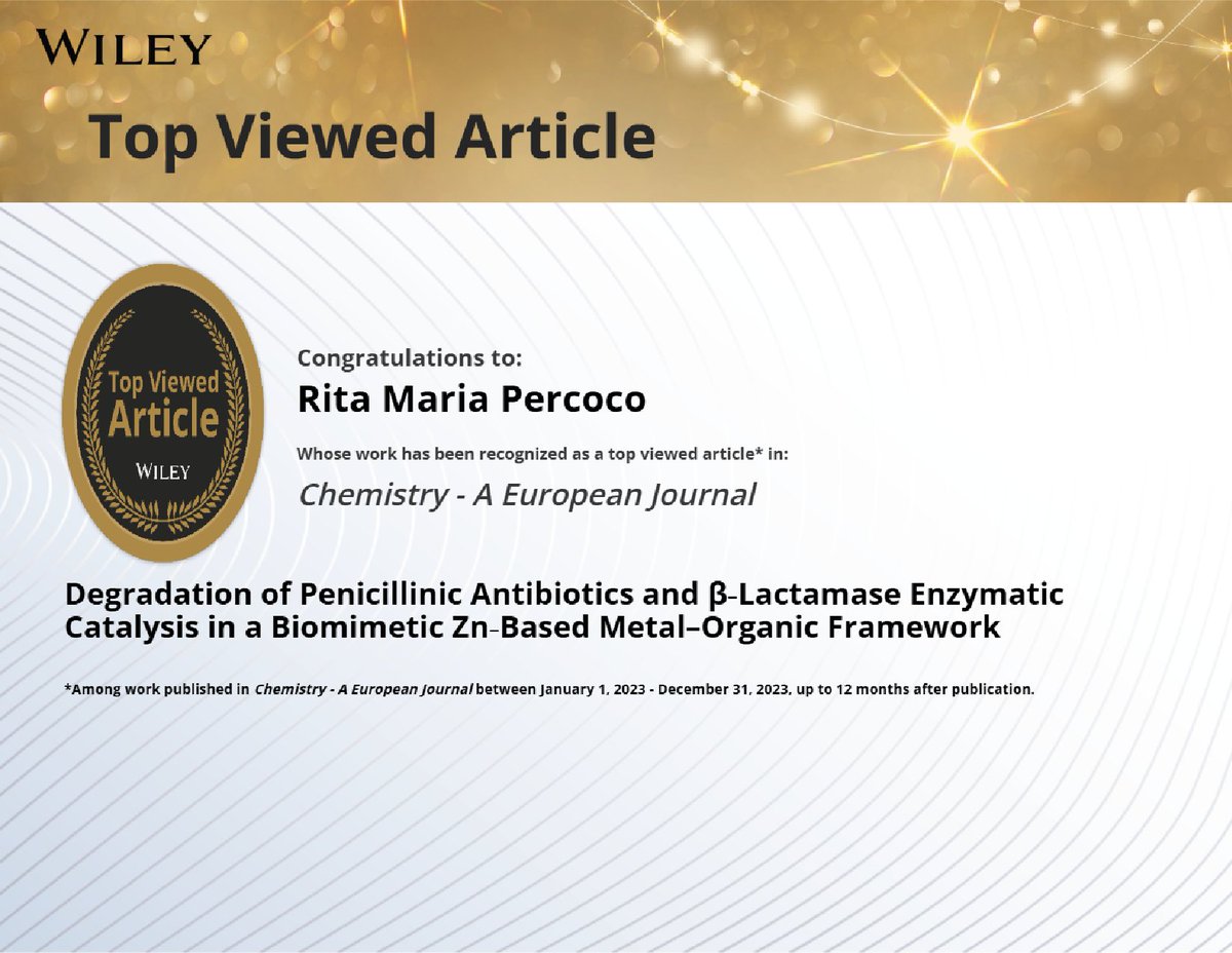Rita (@ritamperc) on Twitter photo Honored to share that our paper was among the top 10% most viewed in Chemistry – A European Journal in 2023.
Thanks to my co-authors and professors <a href="/DonatellaArmen1/">Donatella Armentano</a> <a href="/UniCalPortale/">Università della Calabria</a> <a href="/ICMol_UV/">ICMol</a> for their great support!
#TopViewedArticle #Wiley #ChemistryAEuropeanJournal Honored to share that our paper was among the top 10% most viewed in Chemistry – A European Journal in 2023.
Thanks to my co-authors and professors <a href="/DonatellaArmen1/">Donatella Armentano</a> <a href="/UniCalPortale/">Università della Calabria</a> <a href="/ICMol_UV/">ICMol</a> for their great support!
#TopViewedArticle #Wiley #ChemistryAEuropeanJournal