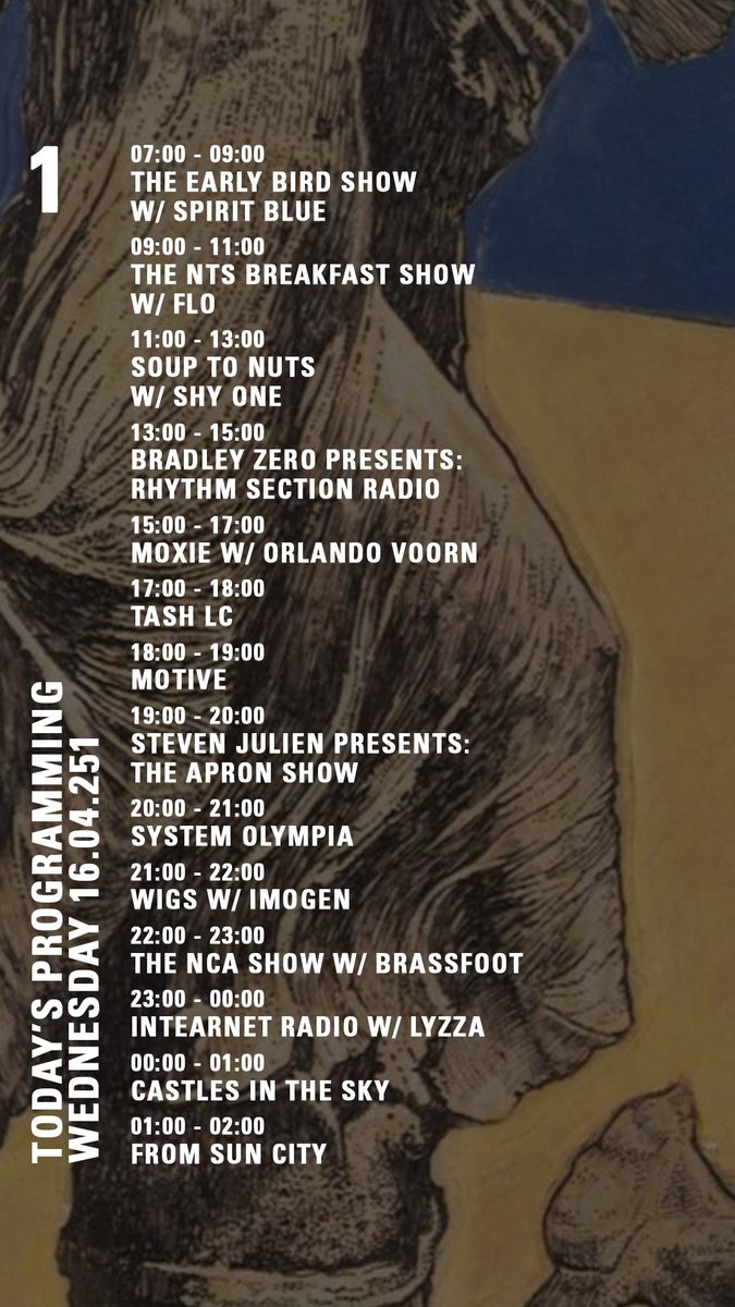 today on nts.live/1
<a href="/rhythmsectionhq/">Rhythm Section</a> <a href="/DJMoxie/">DJ Moxie</a> <a href="/DJTashLC/">short and deadly</a> <a href="/TheoMotive/">Theo / Motive</a> <a href="/ApronRecords/">Apron Records</a> <a href="/systemolympia/">System Olympia</a> <a href="/Brassfoot/">Brassfoot</a> <a href="/from_sun_city/">fromsuncity</a>