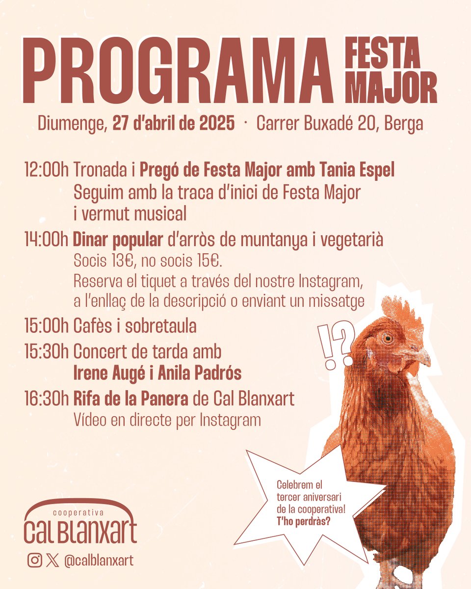 Vine a celebrar amb nosaltres el 3r aniversari de la cooperativa! 🐓🎉

📆 Diumenge, 27 d'abril
🥘 Per fer una millor previsió del dinar, us podeu apuntar a través del formulari: forms.gle/S4oHSWTTkqKxU2…

#Berga #Berguedà #CalBlanxartCultural #CalBlanxartFestaMajor