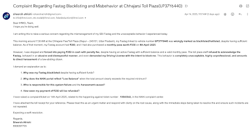 C_pandit23's tweet photo. Despite ₹300 balance and an active monthly pass (₹350, purchased on 4th April 2025), my FASTag was wrongly marked as blacklisted/hotlisted. I was stopped, verbally abused by staff, and forced to pay ₹350 cash + penalty. https://t.co/wDjmMALBEK