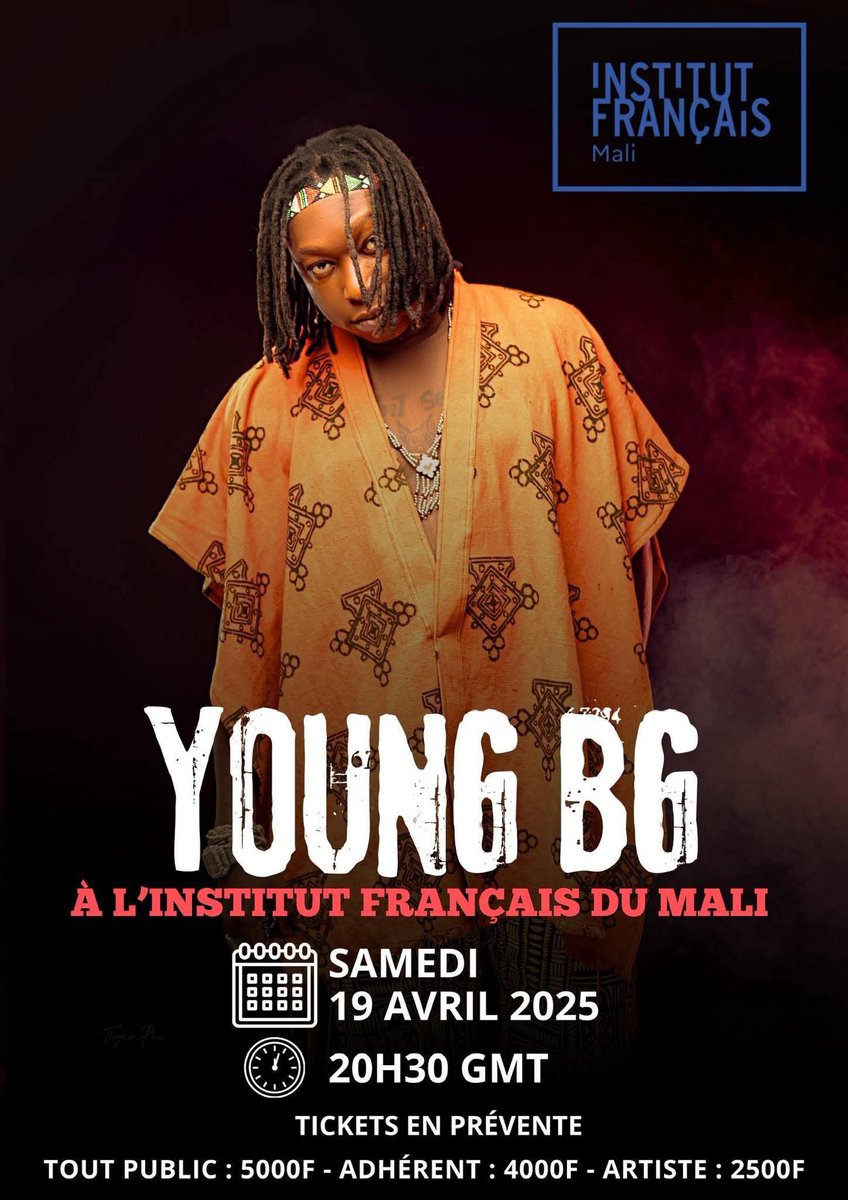KeyzitMali's tweet image. Retrouvez l’artiste Young Bg pour un concert inoubliable 🔥 !

🗓️19.04.2025
📍Institut Français du Mali
🕔20H30
🎫Pass : 5.000Fr/ 4.000Fr / 2.500Fr

#YoungBg #KeyzitPublishing #Keyzit #AfricanMajor