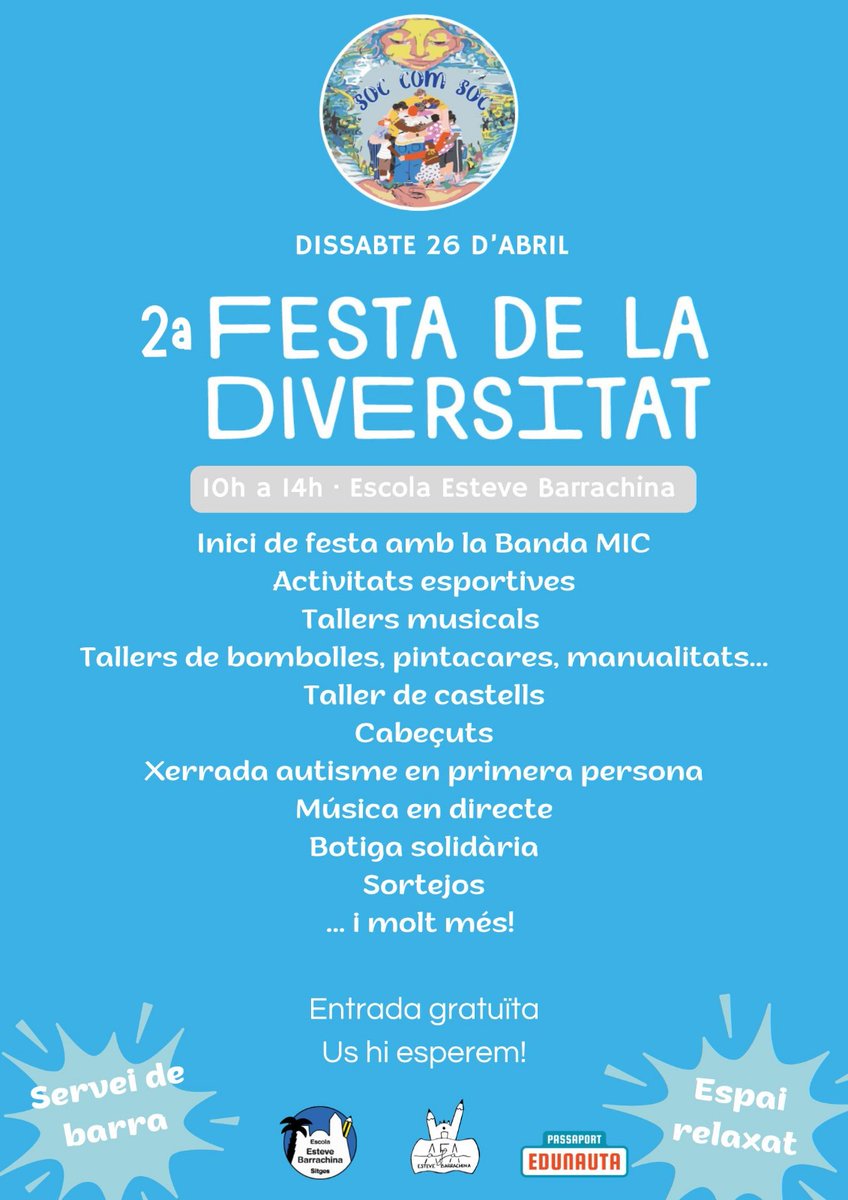 🎉Torna la Festa Inclusiva!
El dissabte 26 d’abril celebrem la 2a edició d’aquesta trobada plena de diversitat, creativitat i alegria!
T’esperen tallers, xerrades, música i moltes sorpreses pensades per a tothom.
Vine a gaudir d’un espai obert, participatiu i inclusiu! 💜