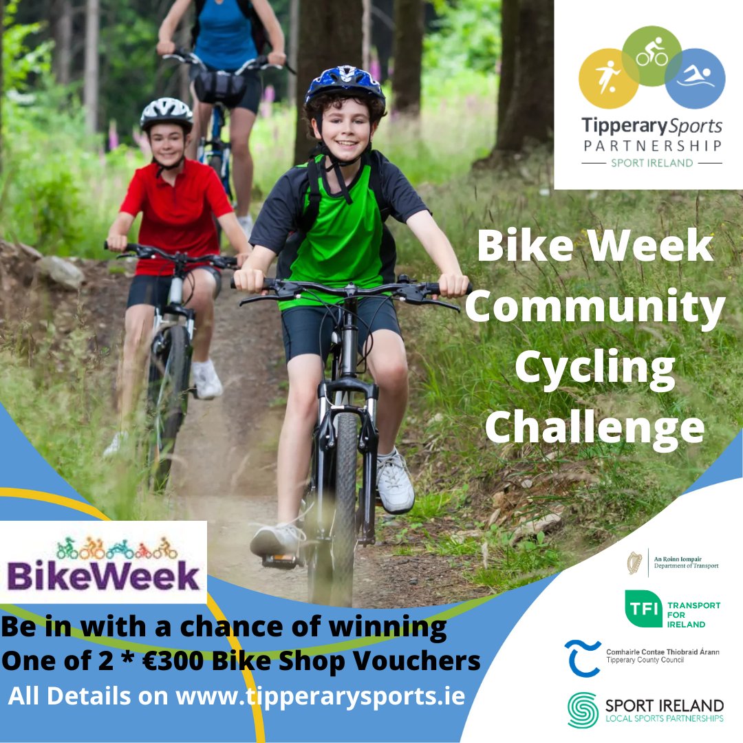 Tipperary Sports (@tipperarysports) on Twitter photo 𝗕𝗶𝗸𝗲 𝗪𝗲𝗲𝗸 𝗶𝘀 𝗯𝗮𝗰𝗸!!🚴🚴♂️🚴 𝗠𝗮𝘆 𝟭𝟬𝘁𝗵 - 𝟭𝟴𝘁𝗵. Are you ready to take on our Bike Week Community Challenge
Check out➡️bit.ly/3RmC61Y for details.
<a href="/sportireland/">Sport Ireland</a> <a href="/TipperaryCoCo/">Tipperary County Council</a> <a href="/TFIupdates/">Transport for Ireland</a>
#Beactivetipperary #BikeWeek #BikeWeekTipperary 𝗕𝗶𝗸𝗲 𝗪𝗲𝗲𝗸 𝗶𝘀 𝗯𝗮𝗰𝗸!!🚴🚴♂️🚴 𝗠𝗮𝘆 𝟭𝟬𝘁𝗵 - 𝟭𝟴𝘁𝗵. Are you ready to take on our Bike Week Community Challenge
Check out➡️bit.ly/3RmC61Y for details.
<a href="/sportireland/">Sport Ireland</a> <a href="/TipperaryCoCo/">Tipperary County Council</a> <a href="/TFIupdates/">Transport for Ireland</a>
#Beactivetipperary #BikeWeek #BikeWeekTipperary