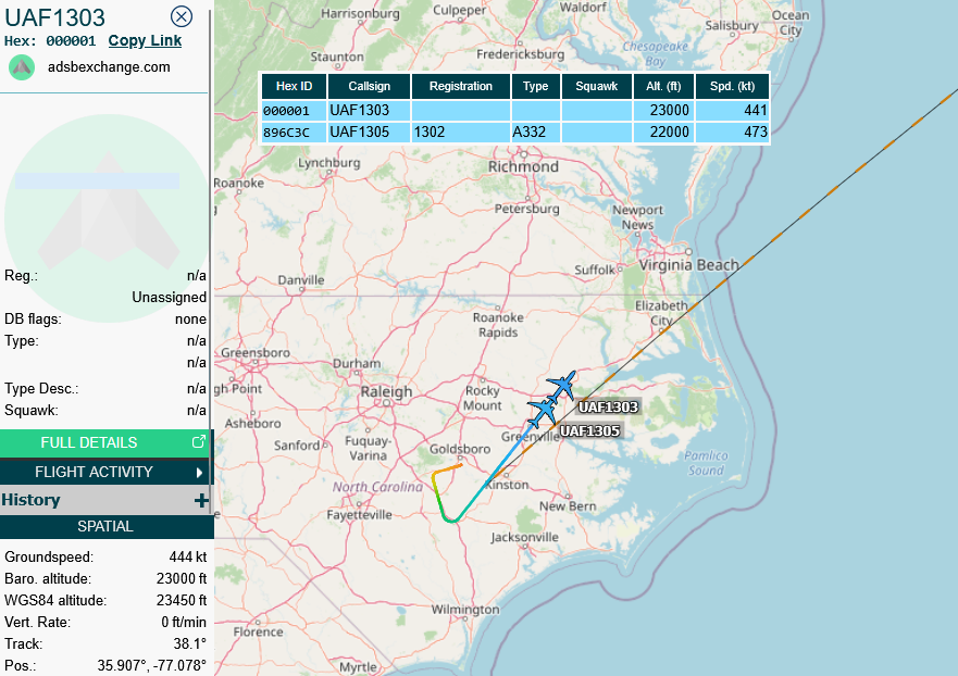 SirListenalot's tweet photo. UAE #A332's #896C3A [000001] #UAF1303 &amp; #896C3C #UAF1305 out of Seymour Johnson taking (six) #F16's #ZAYED61 to Lajes https://t.co/ocj9JXcASM