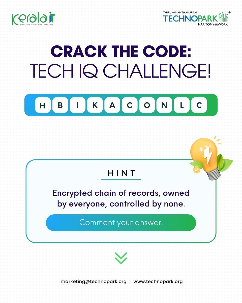 mytechnopark's tweet image. It’s time to flex your brain muscles once again! We’re back with #CrackTheCode, a word puzzle that will test your tech IQ.
Here’s the next jumbled word related to the world of technology. Unscramble it and drop your answers in the comments! We’ve also given you a helpful clue.