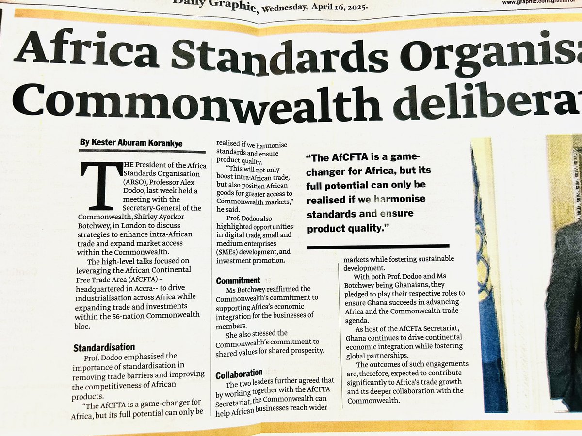 African Organisation for Standardisation - ARSO and Commonwealth delibrate on AfCFTA

Prof Alex Dodoo, President of Africa Standards Organisation, with Shirley Ayorkor Botchway, Secretary-General of the Commonwealth, after their meeting in London.
