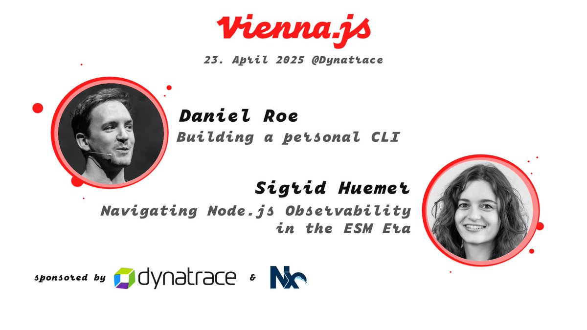 viennaJS (@viennajs) on Twitter photo We are thrilled to announce our April meetup in collaboration with <a href="/vuejsvienna/">Vue.js Vienna</a> with impressive lineup
- Daniel Roe <a href="/danielcroe/">๐ฆ @danielroe.dev</a>
- Sigrid Huemer <a href="/bitsbysigrid/">Sigrid</a>
Sponsored by <a href="/Dynatrace/">Dynatrace</a> and <a href="/NxDevTools/">Nx</a> We are thrilled to announce our April meetup in collaboration with <a href="/vuejsvienna/">Vue.js Vienna</a> with impressive lineup
- Daniel Roe <a href="/danielcroe/">๐ฆ @danielroe.dev</a>
- Sigrid Huemer <a href="/bitsbysigrid/">Sigrid</a>
Sponsored by <a href="/Dynatrace/">Dynatrace</a> and <a href="/NxDevTools/">Nx</a>