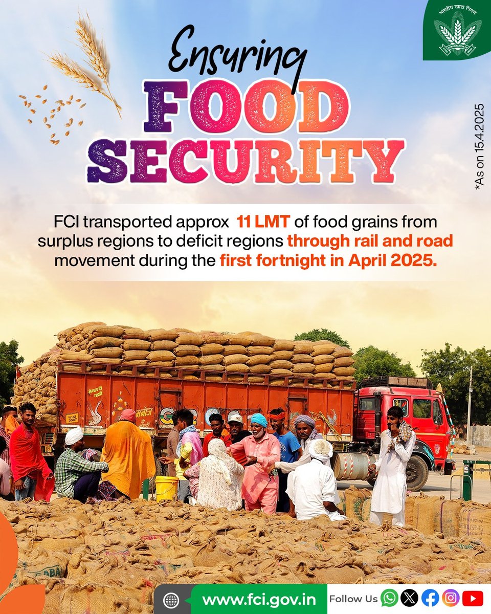 FCI works hard to ensure a fair distribution of food grains by moving these essential resources from surplus areas to deficit regions. This approach helps meet the varied needs of different states effectively.

#FCI #Movement #FoodSecurity #FoodGrains #India #Bharat #Update