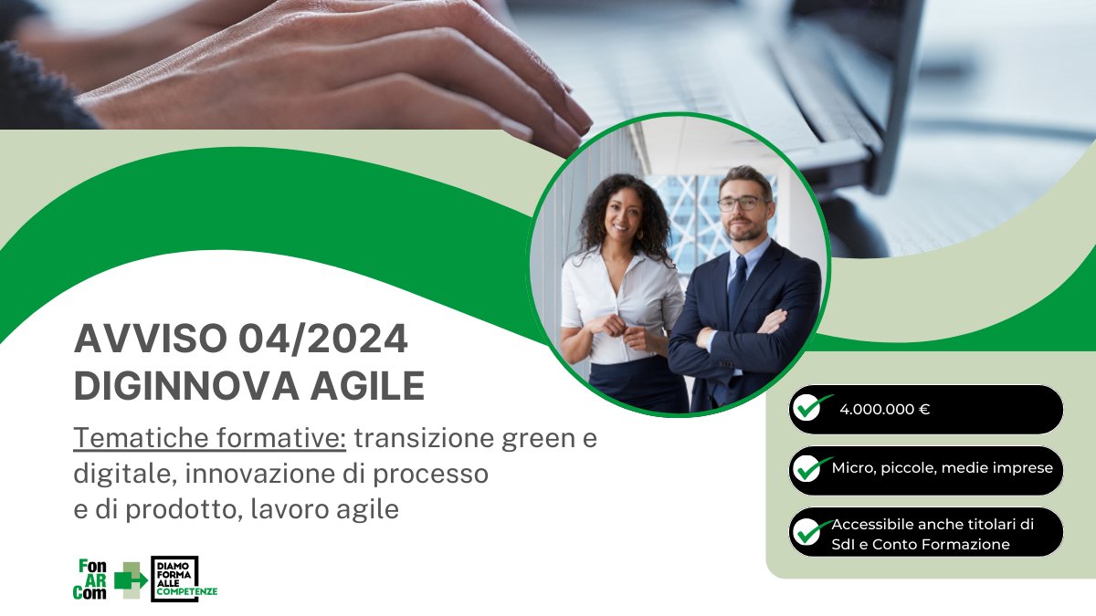 Con l’Avviso #Diginnova Agile, #FonARCom sostiene la formazione dei lavoratori per sviluppare competenze digitali e tecnologiche, fondamentali per affrontare le sfide dell’innovazione e aumentare la competitività aziendale.

#FormazioneContinua #FormazioneFinanziata