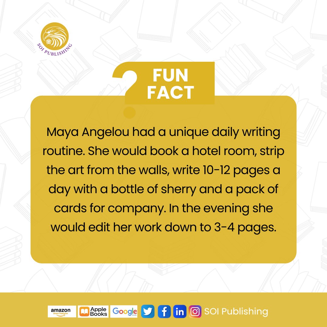 SOIPublishing's tweet photo. What's yours? We would love to know your unique writing routine.
Please, share in the comments, let's learn from you.

#WritingRoutine #SOI #WePublishBooks #WriteYourIdeas #SOIPublishing #MayaAngelou https://t.co/osXprUE1Mc
