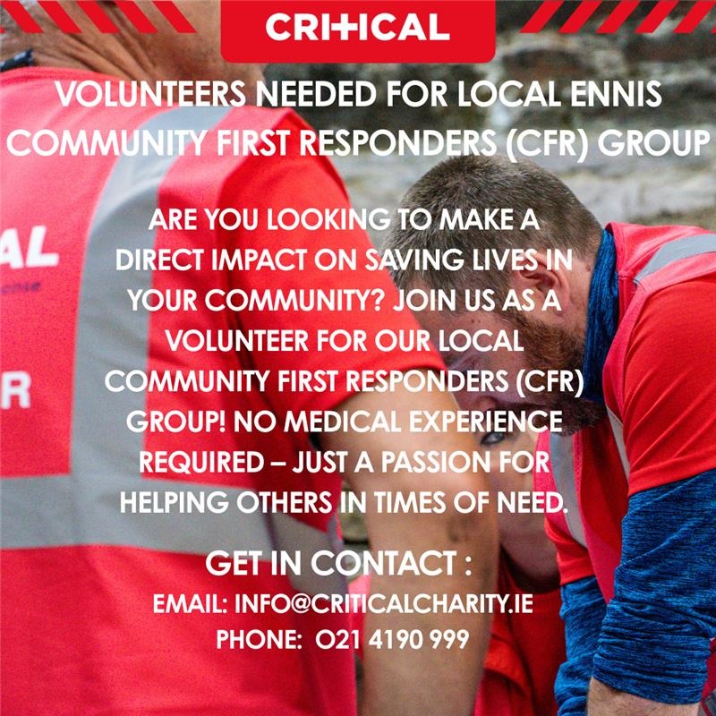 CRITICAL | Emergency Medical Response (@criticalcharity) on Twitter photo Are you looking to make a difference in your local community? ๐ข
CRITICAL CFR Ennis are currently looking for new members to join.
Get in contact with us today on info@criticalcharity.ie or phone us on 021-4190999
#CRITICALCharity #Charity #Ennis #Clare #Volunteer #CFR Are you looking to make a difference in your local community? ๐ข
CRITICAL CFR Ennis are currently looking for new members to join.
Get in contact with us today on info@criticalcharity.ie or phone us on 021-4190999
#CRITICALCharity #Charity #Ennis #Clare #Volunteer #CFR