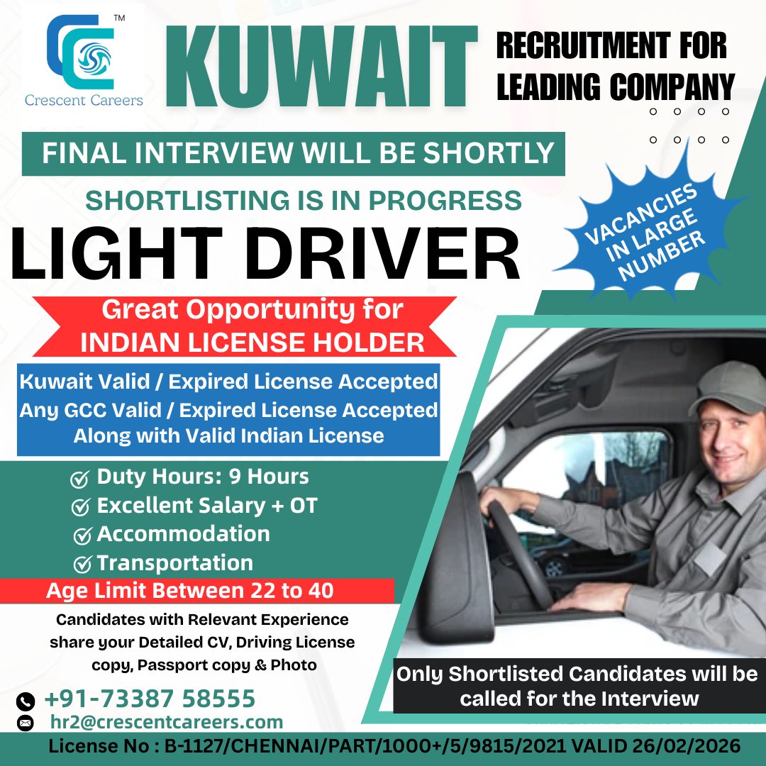 jobstoabroad's tweet image. Recruitment for Leading Company in KUWAIT 
 
FINAL INTERVIEW WILL BE SHORTLY 

SHORTLISTING IS IN PROGRESS  

Candidates with Relevant Experience share your Detailed CV, Driving License copy, Passport copy &amp;amp; Photo 

hr2@crescentcareers.com
#LightDriver #lightdriverjobs #Kuwait